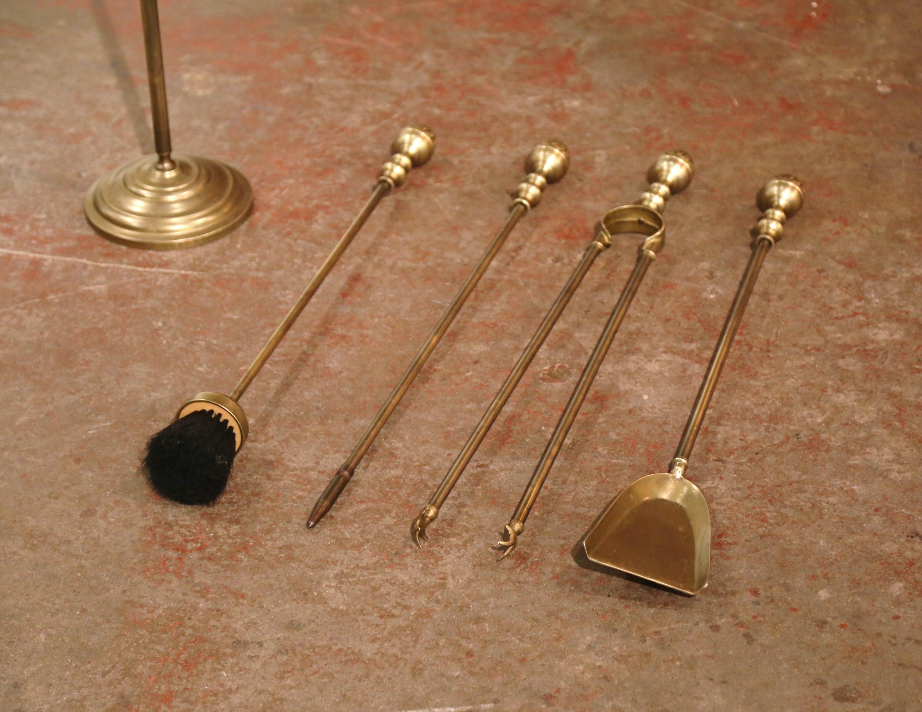 19th Century French Napoleon III Brass Fireplace Tool Set on Stand - Four Pieces 2