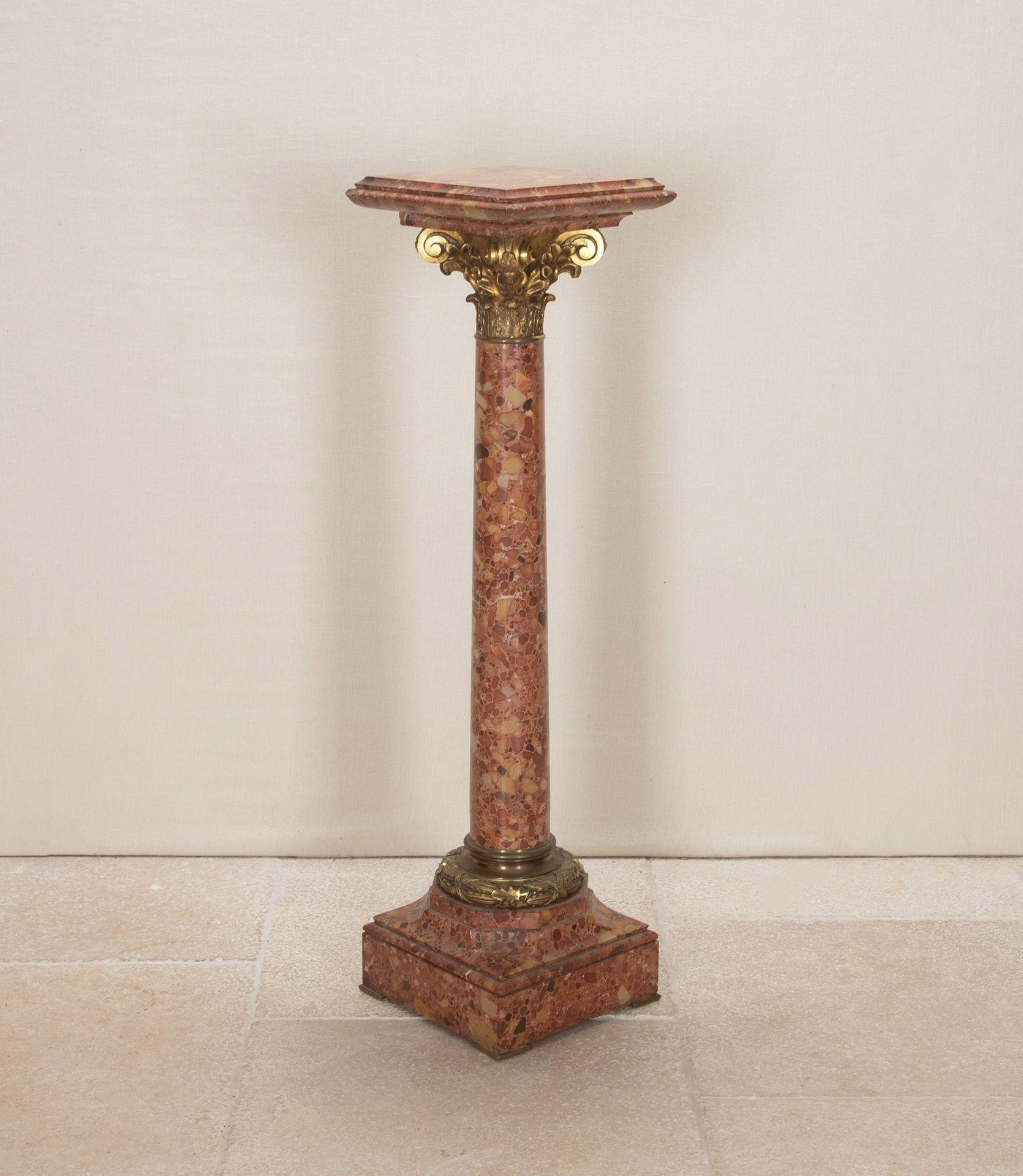 19th Century French Napoleon III Brocatelle marble column. Featuring gilt bronze mounts, finished on a square terraced base with gilt bronze details. This column would typically used to display objects such as busts or other decorative objects. The