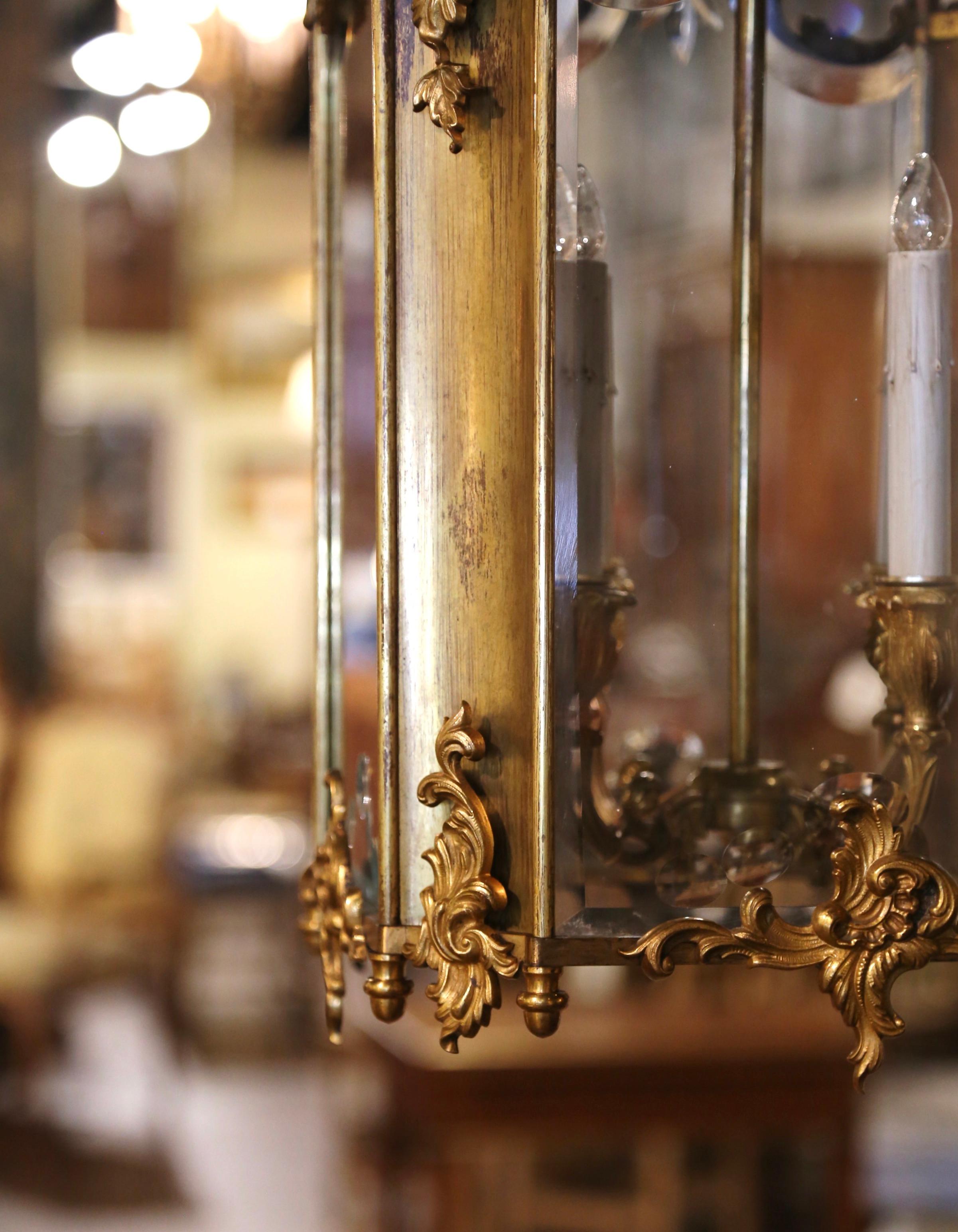 19th Century French Napoleon III Bronze Dore & Beveled Glass Four-Light Lantern For Sale 3
