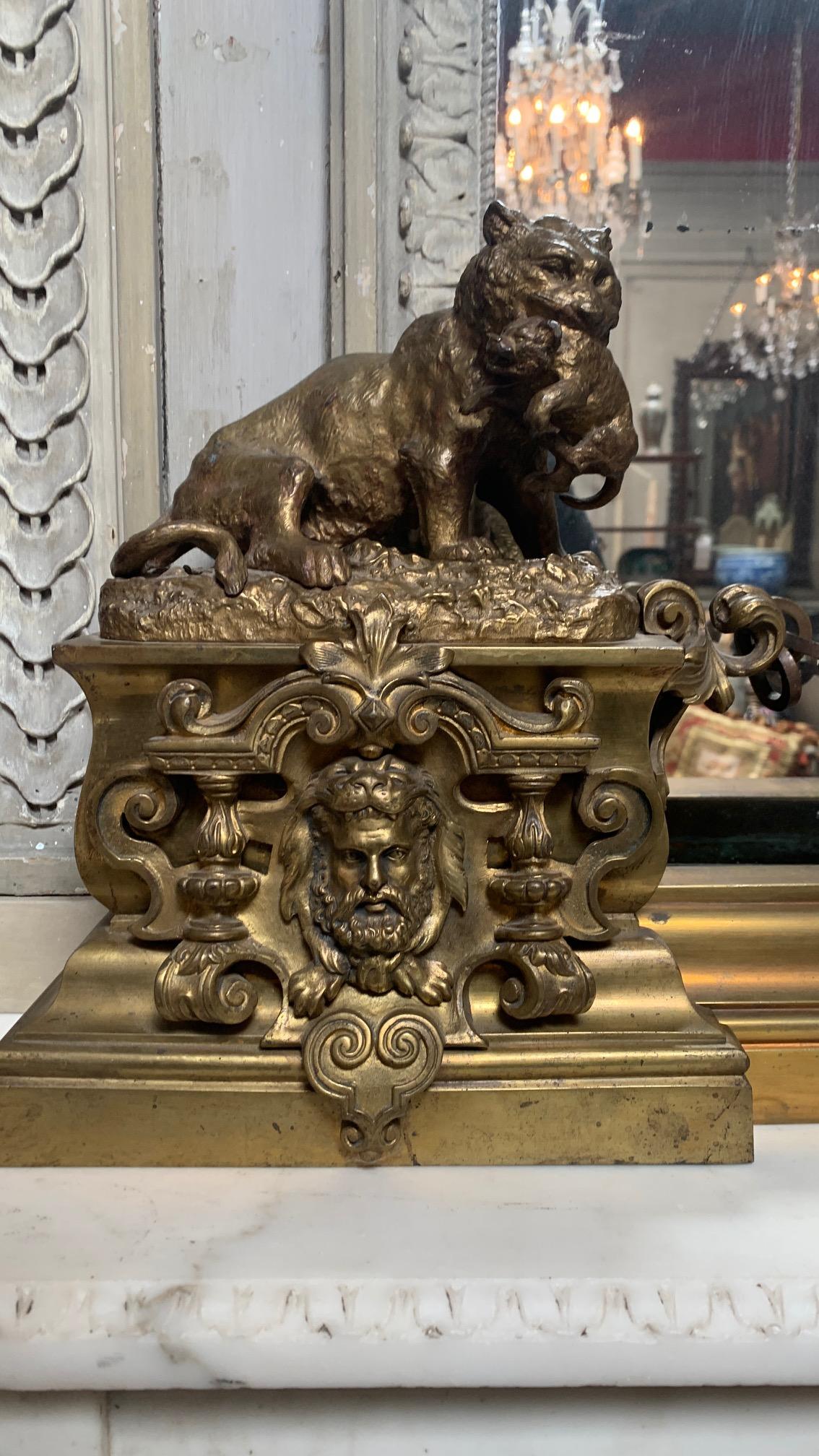 Français Pare-feu français du 19e siècle en bronze Napoléon III à motif d'Hercule et de Lion en vente