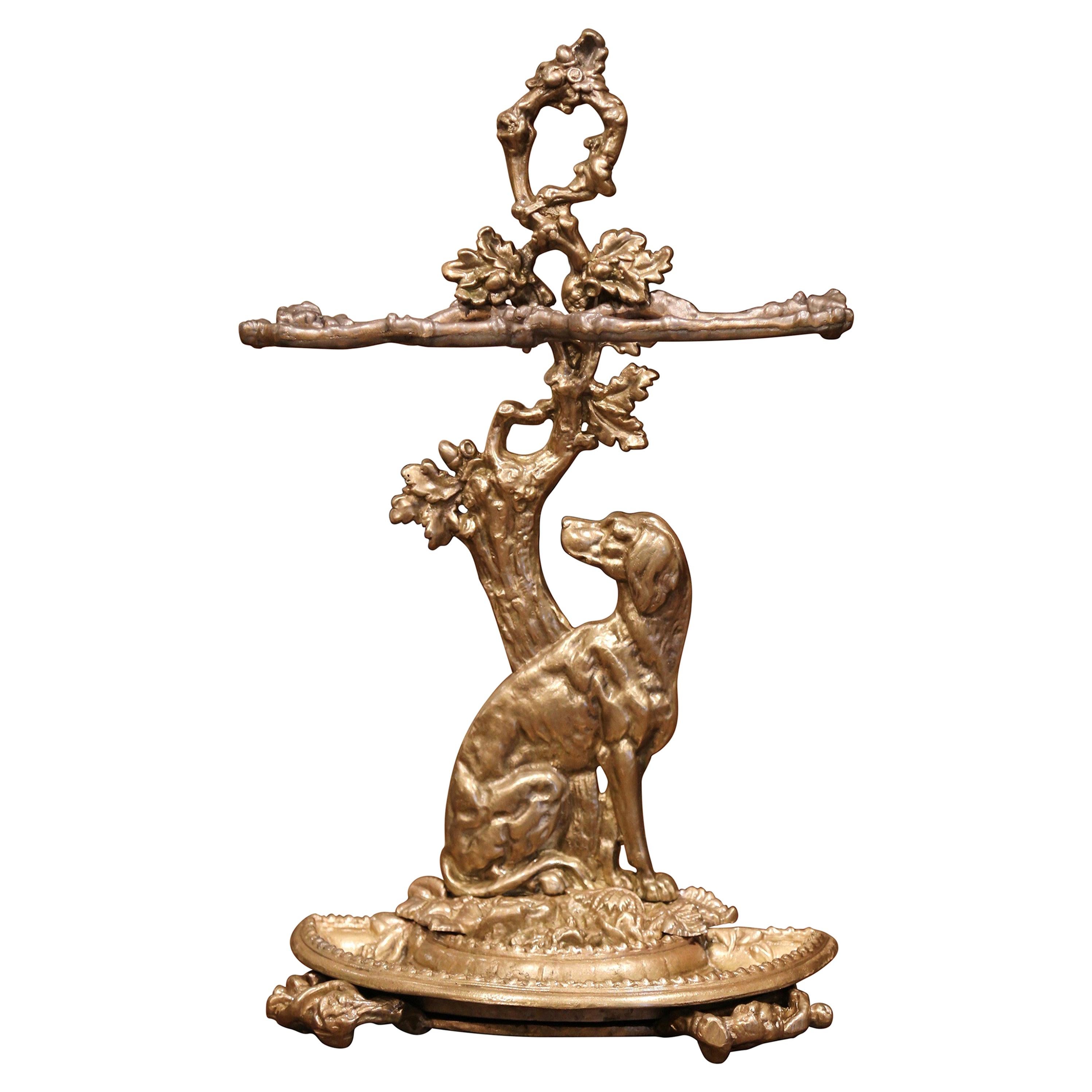 19th Century French Napoleon III Bronze Umbrella Stand with Dog Figure