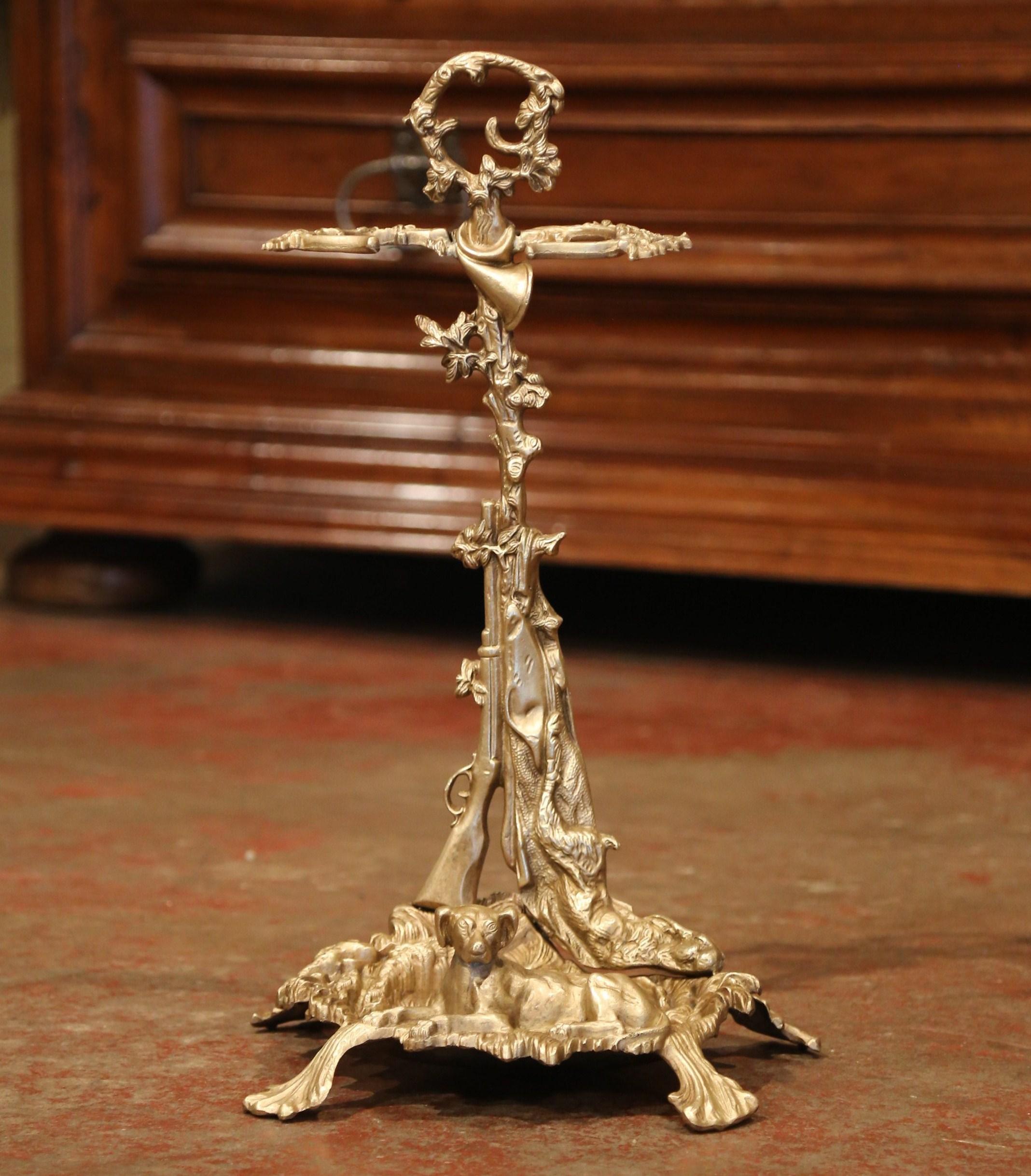 Patinated 19th Century French Napoleon III Bronze Umbrella Stand with Hunt Motifs For Sale