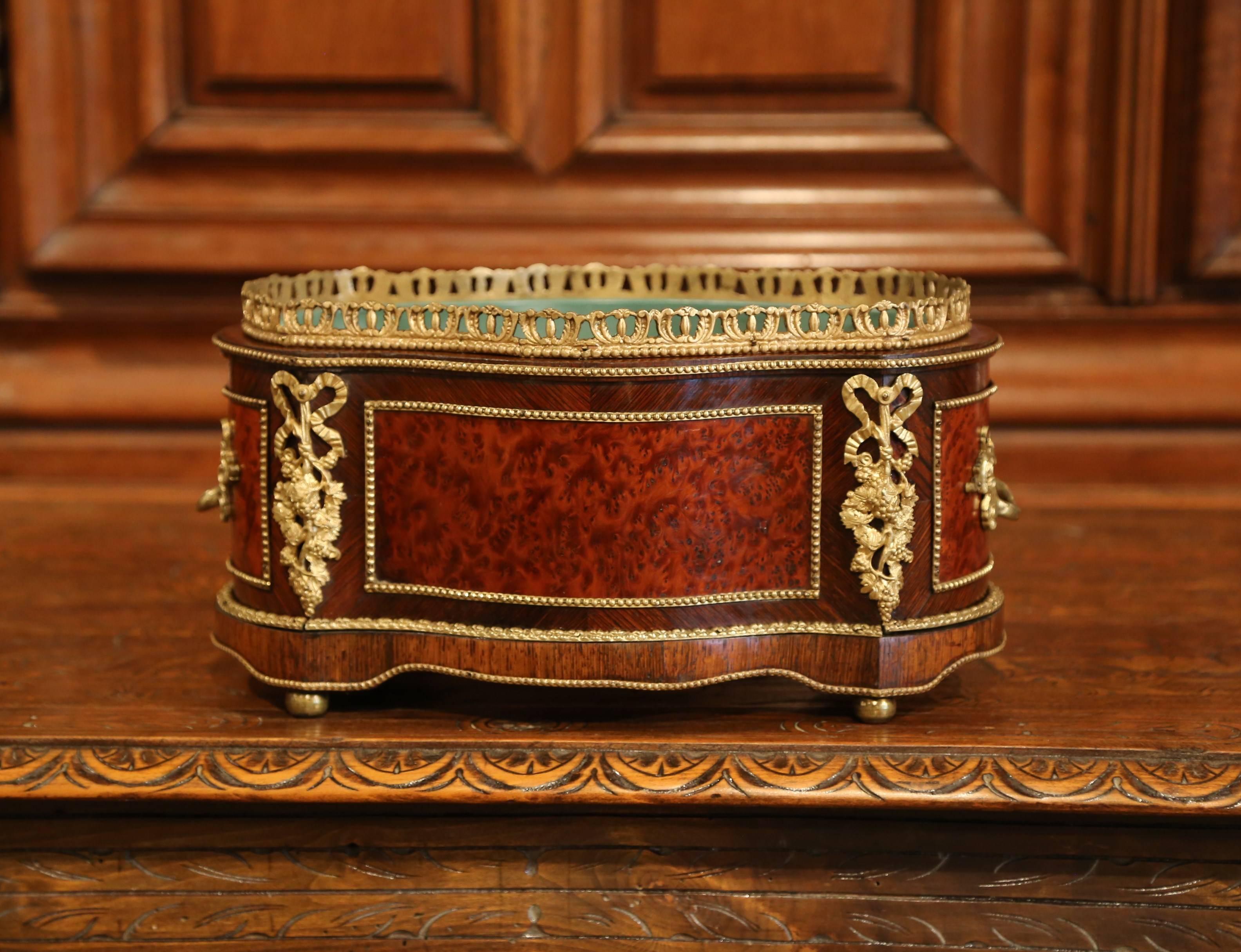 This elegant, antique fruit wood planter was crafted in France, circa 1880. Oval in shape with bow sides, the burl walnut jardinière with side handles, features a bronze gallery at the top with geometrical rosewood panels design including marquetry