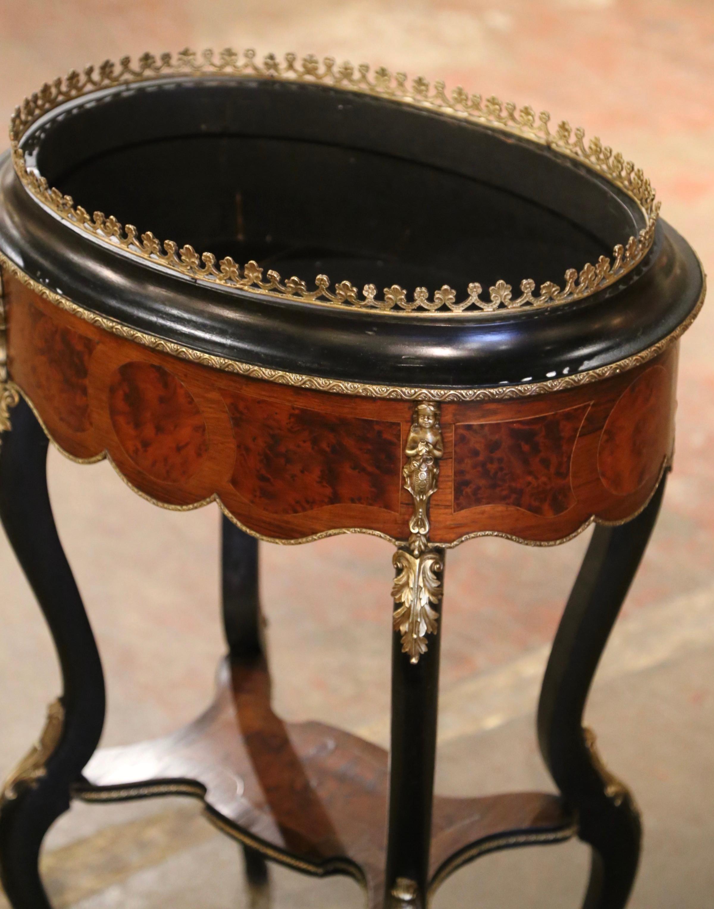 19th Century French Napoleon III Burl Walnut Marquetry and Bronze Plant Stand  For Sale 4