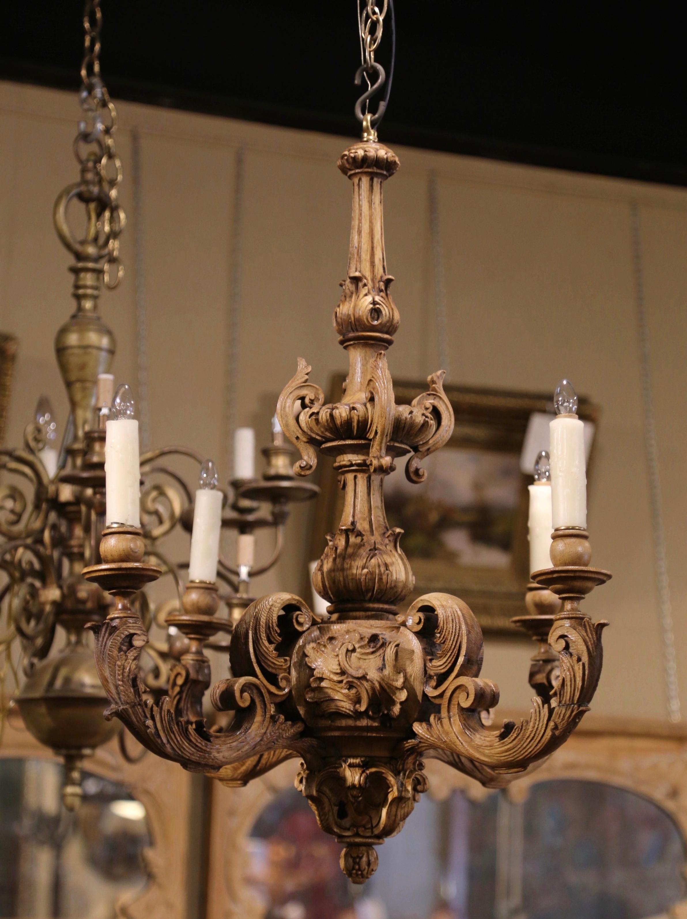19th Century French Napoleon III Carved Bleached Oak Four-Light Chandelier For Sale 2