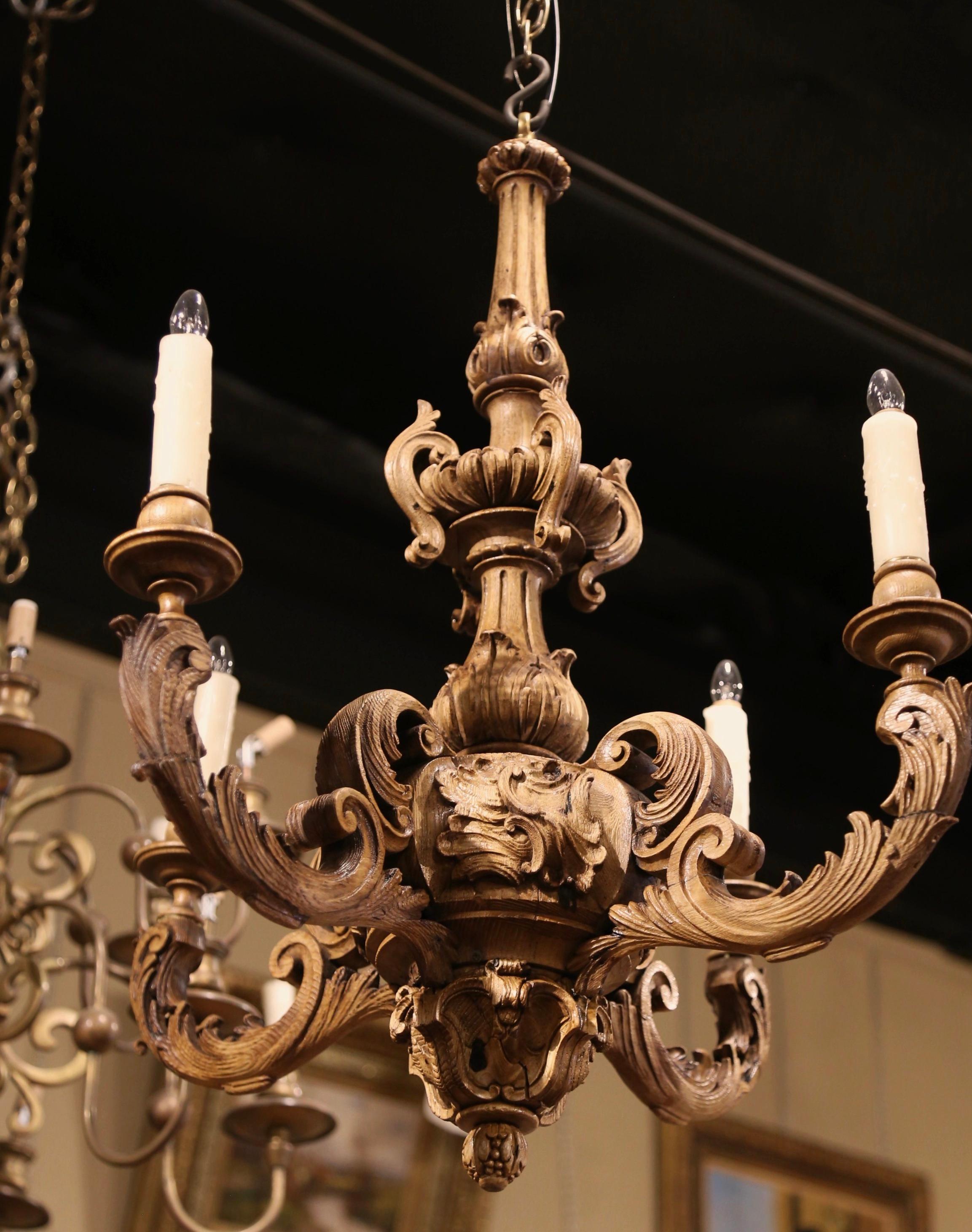 19th Century French Napoleon III Carved Bleached Oak Four-Light Chandelier For Sale 3