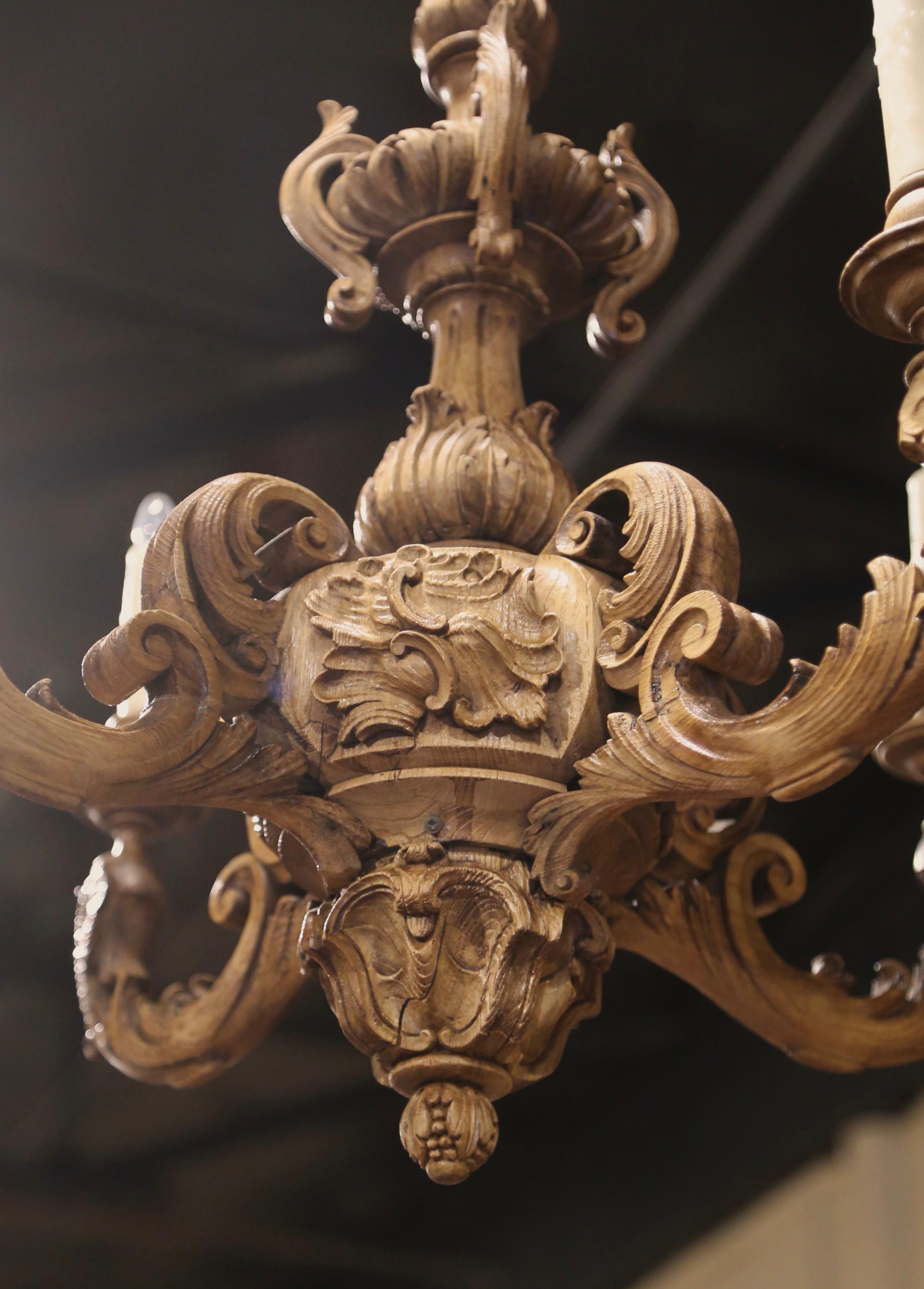 19th Century French Napoleon III Carved Bleached Oak Four-Light Chandelier For Sale 4