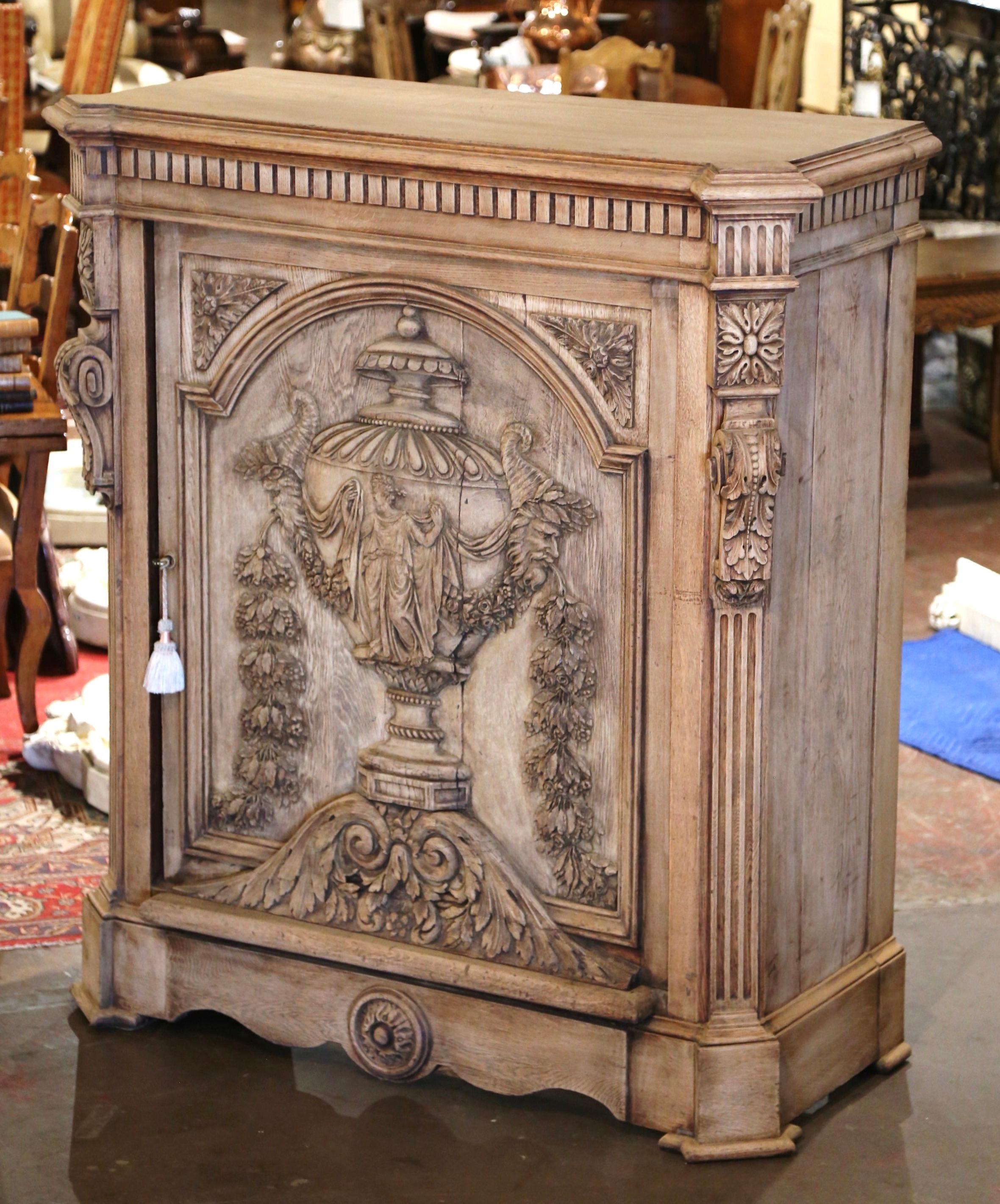 19th Century French Napoleon III Carved Bleached Oak Single Door Cabinet 1