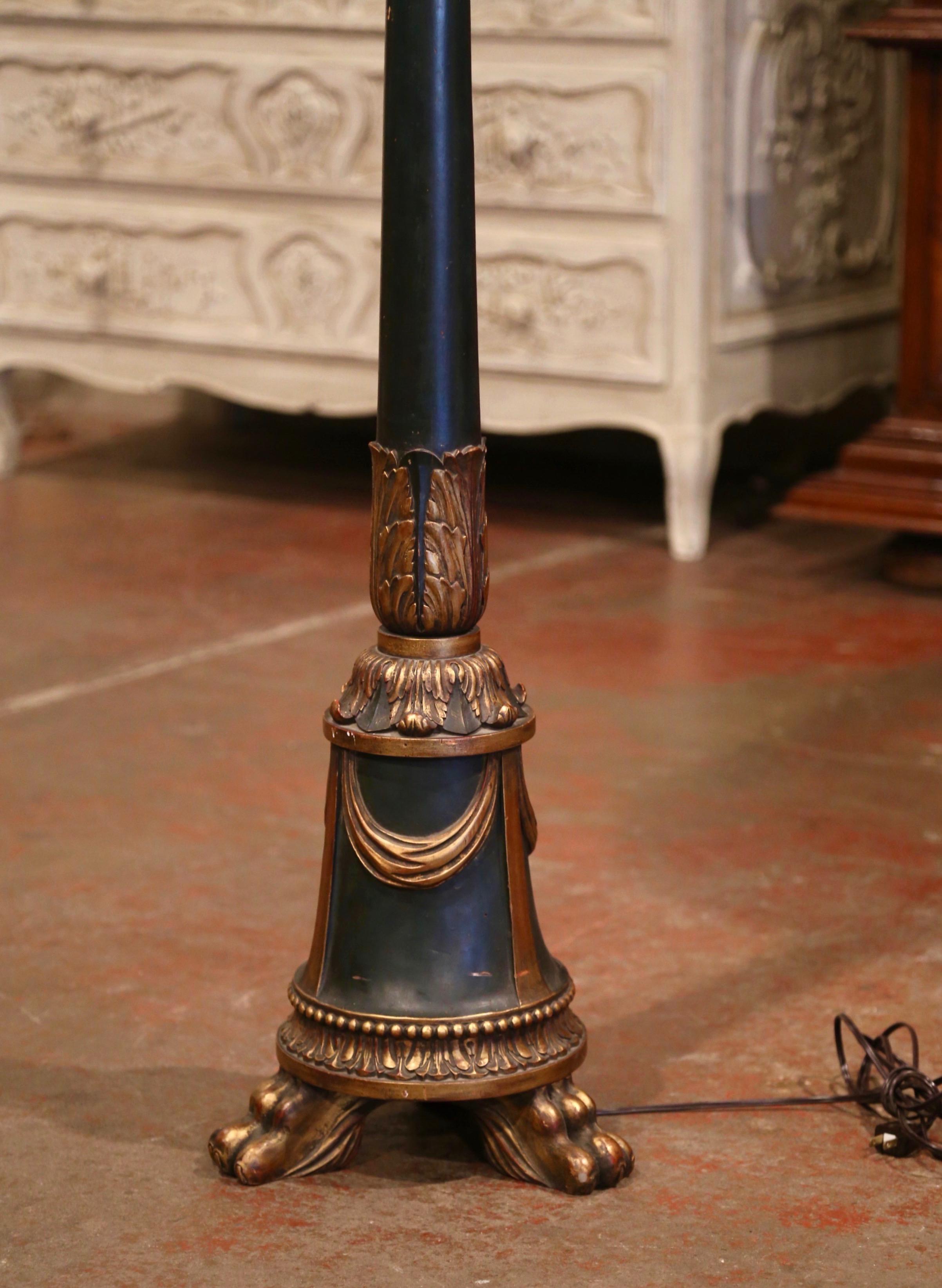 19th Century French Napoleon III Carved Dark Green and Gilt Painted Floor Lamp In Excellent Condition In Dallas, TX