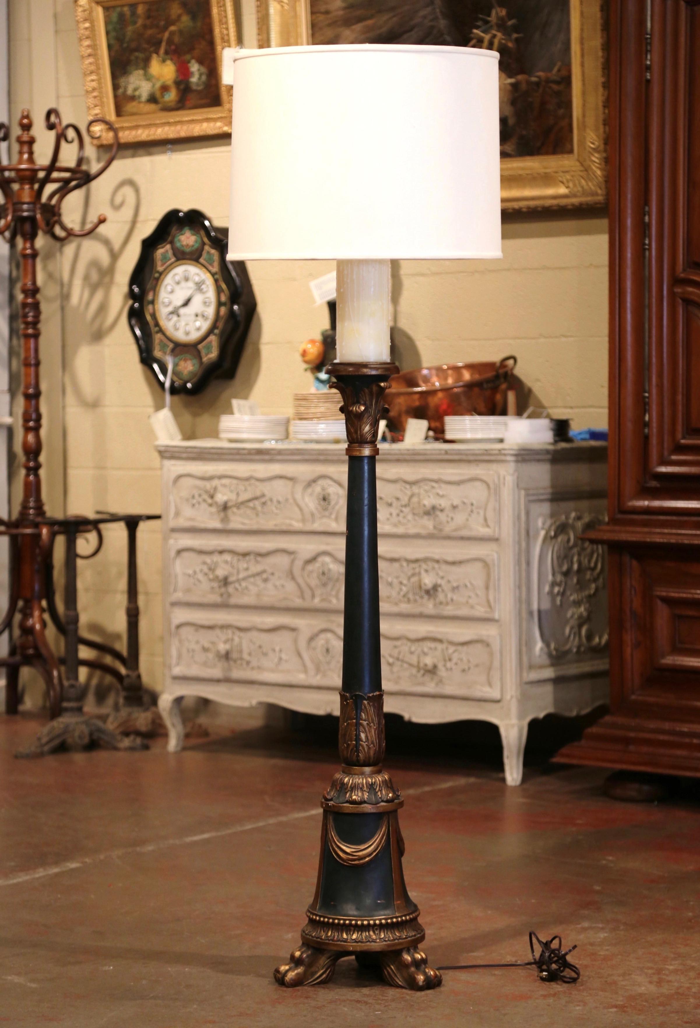 Oak 19th Century French Napoleon III Carved Dark Green and Gilt Painted Floor Lamp