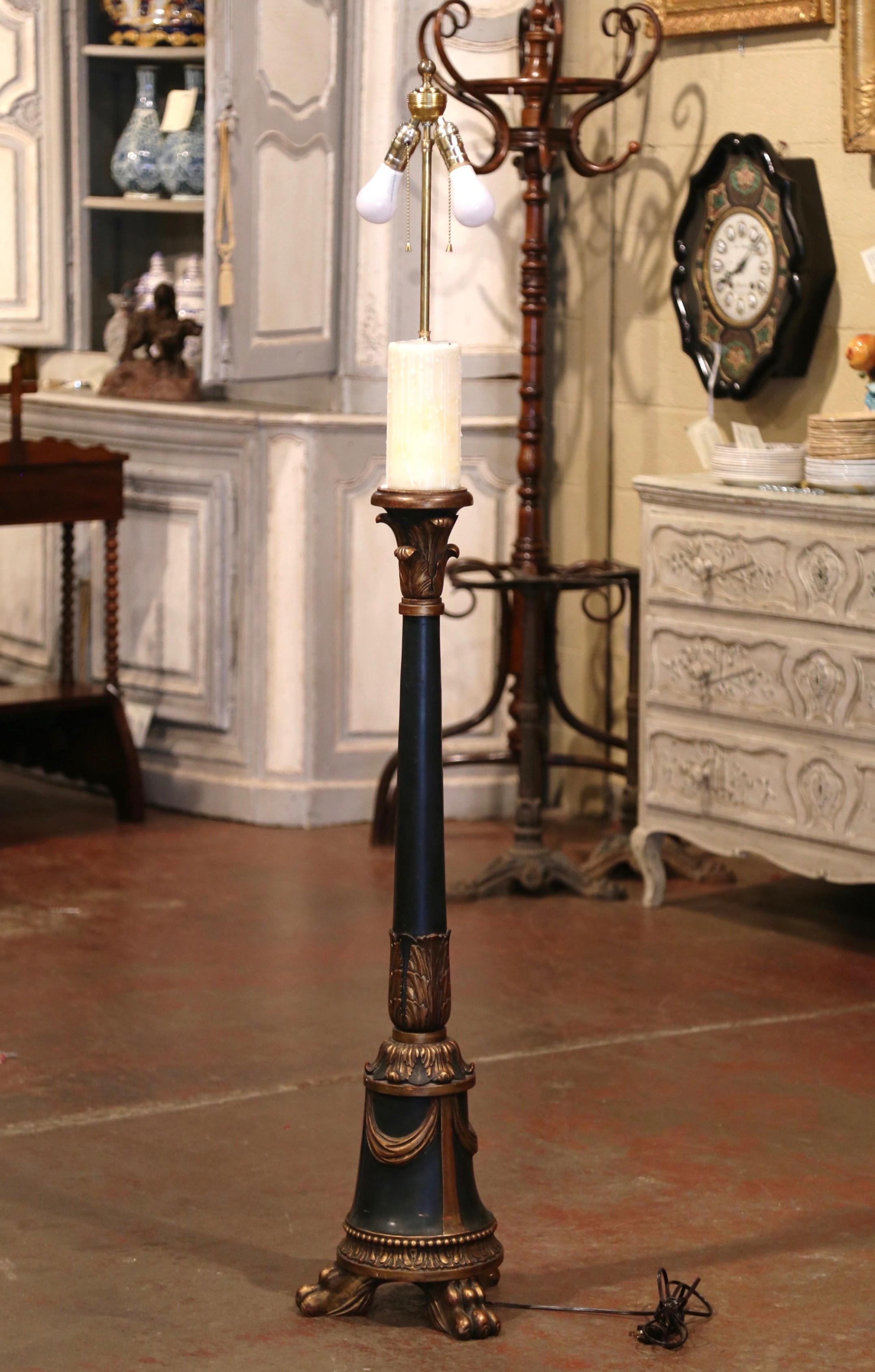 19th Century French Napoleon III Carved Dark Green and Gilt Painted Floor Lamp 1