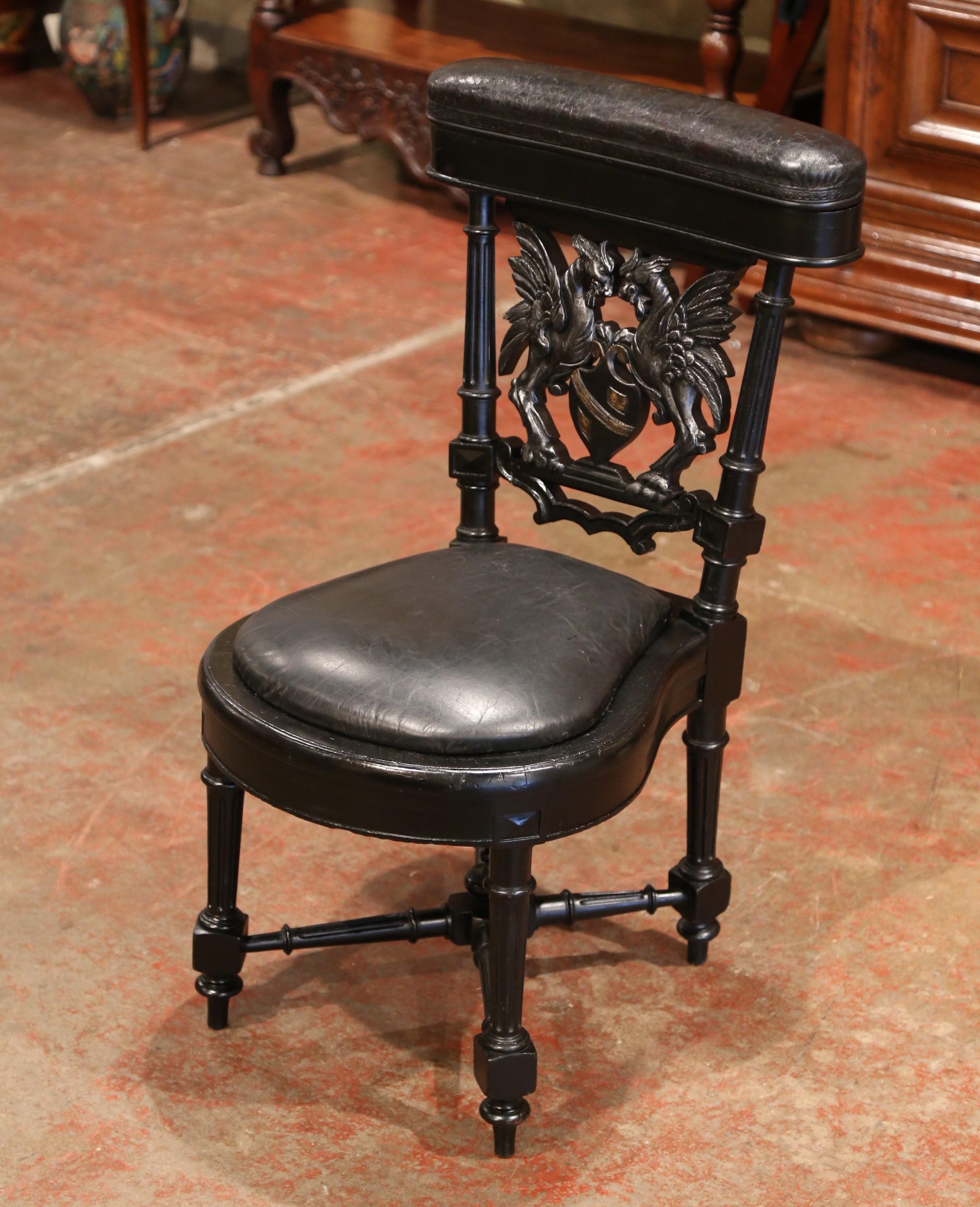 19th Century French Napoleon III Carved Ebonized Cigar Chair with Leather Top In Excellent Condition In Dallas, TX