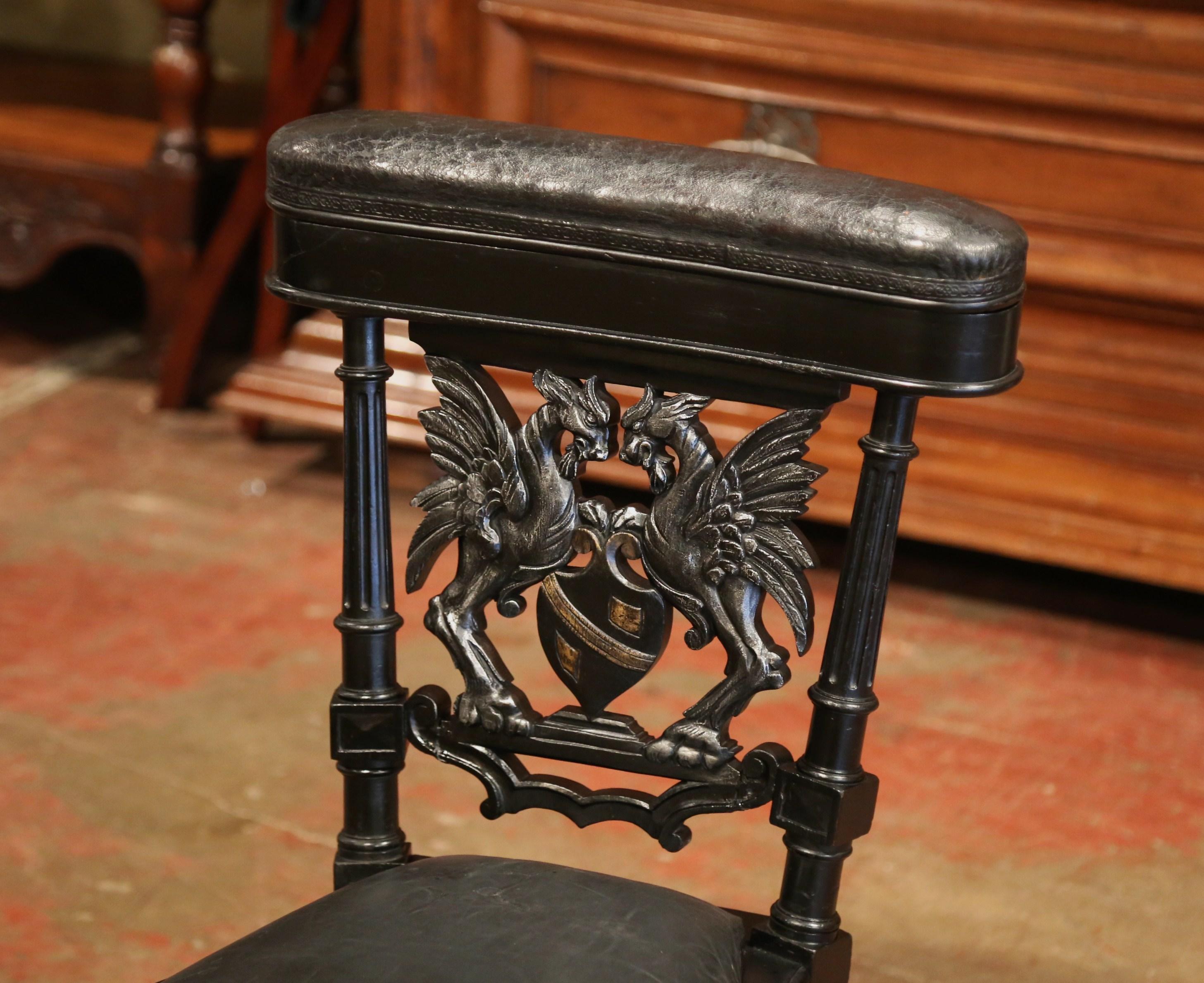 19th Century French Napoleon III Carved Ebonized Cigar Chair with Leather Top 1