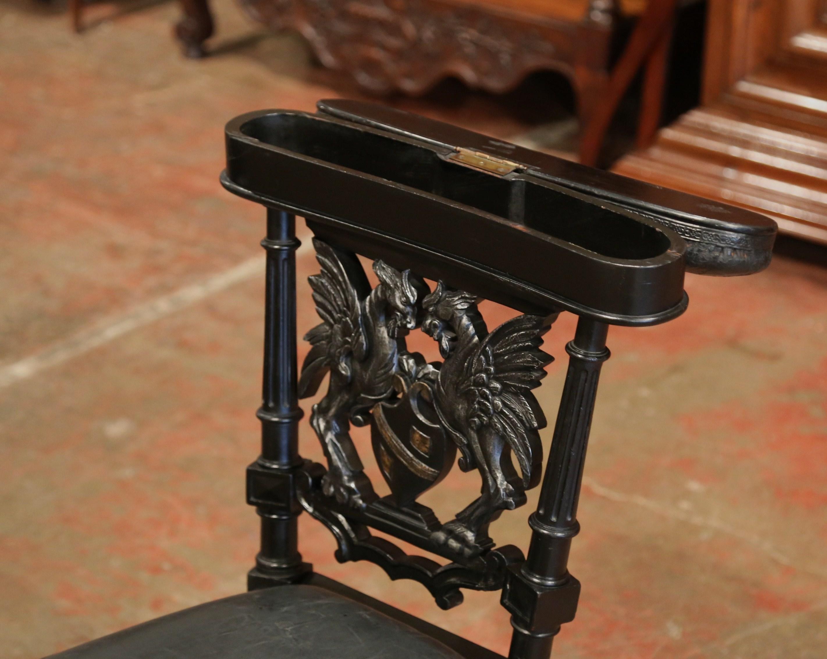 19th Century French Napoleon III Carved Ebonized Cigar Chair with Leather Top 4