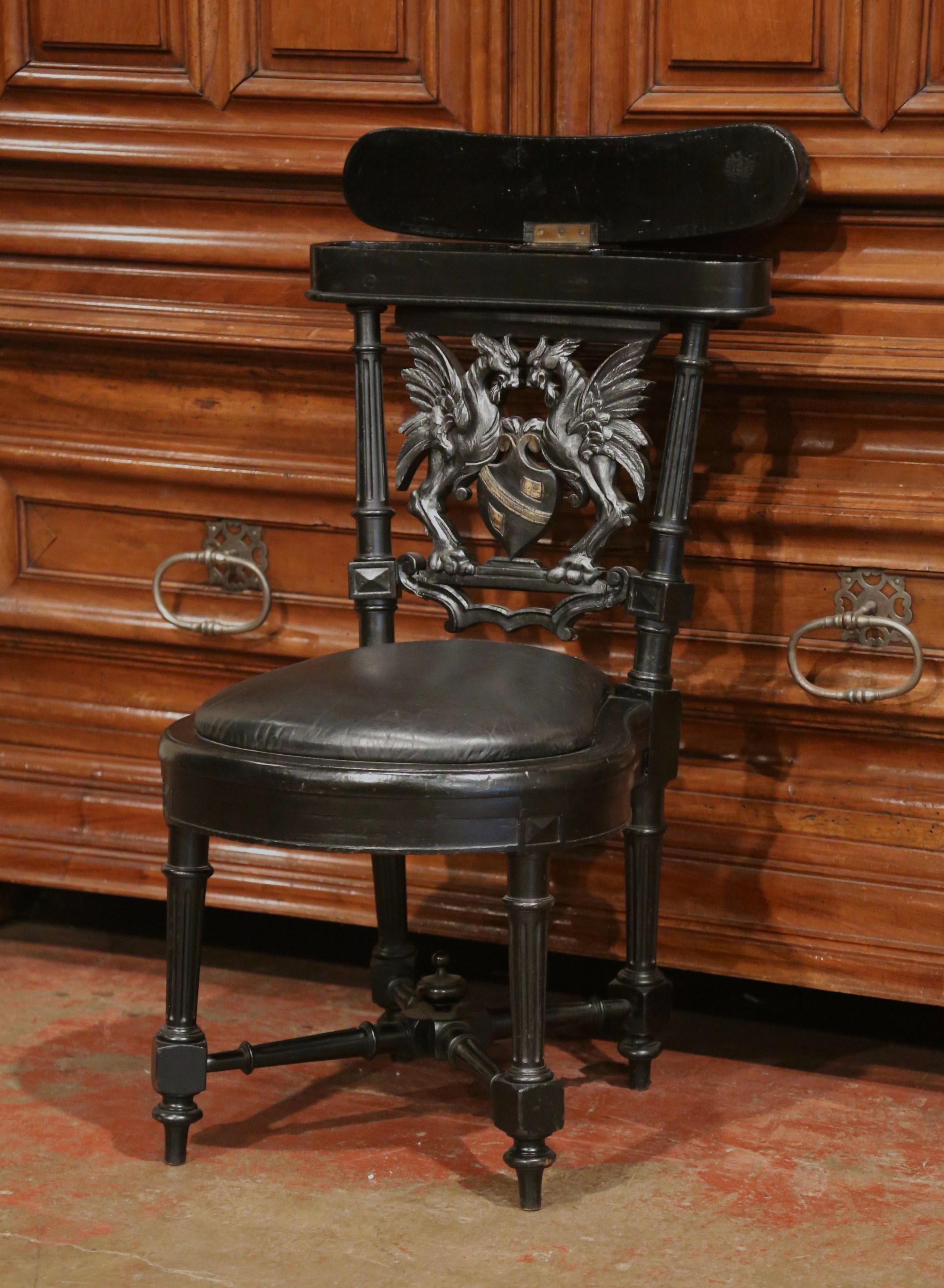 19th Century French Napoleon III Carved Ebonized Cigar Chair with Leather Top 3