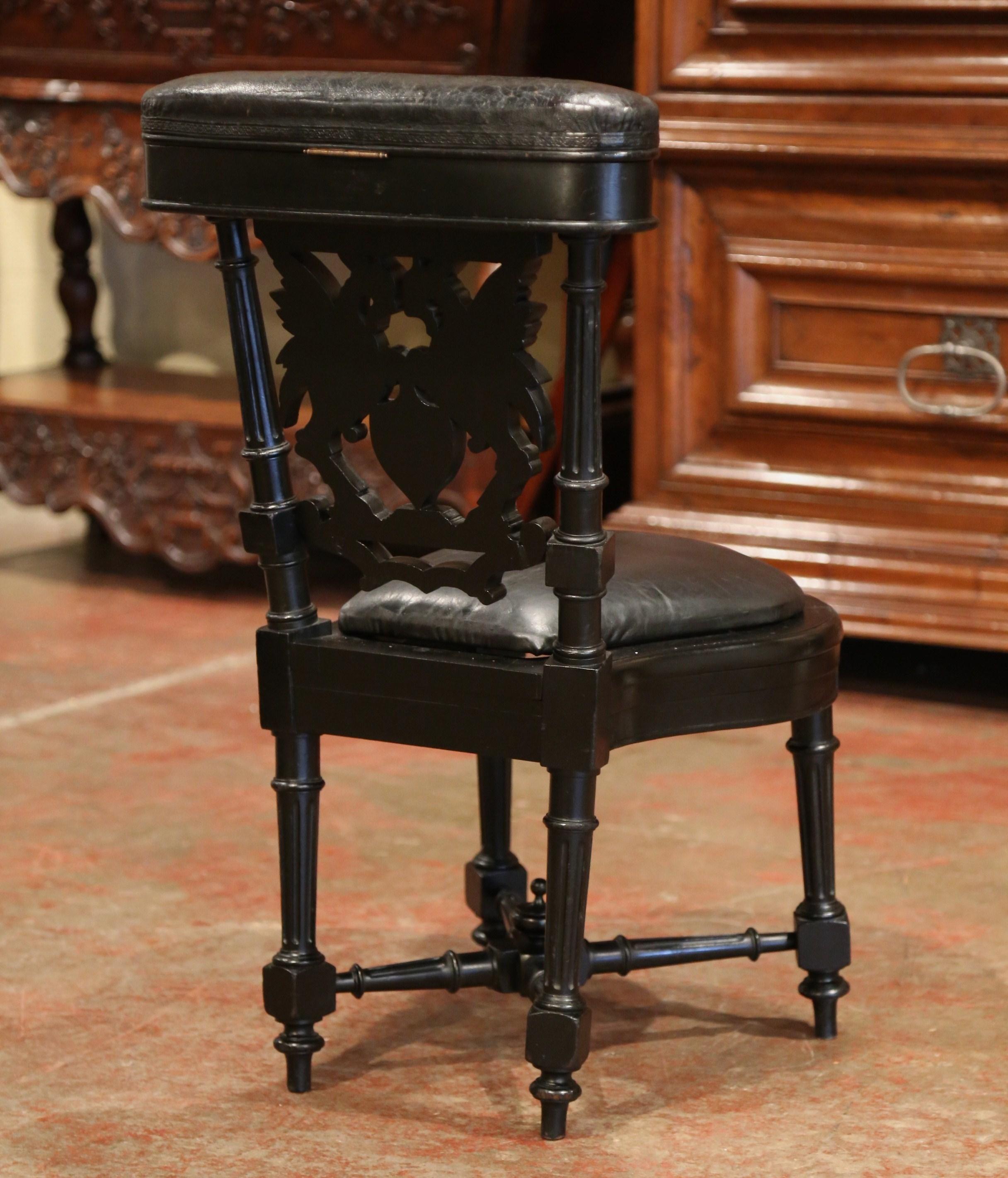 19th Century French Napoleon III Carved Ebonized Cigar Chair with Leather Top 5