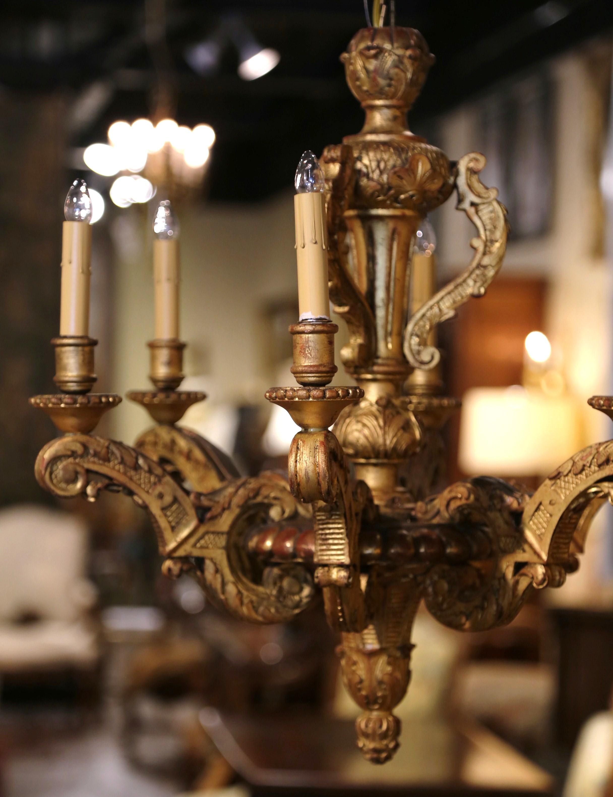 Hand-Carved 19th Century French Napoleon III Carved Giltwood Six-Light Chandelier