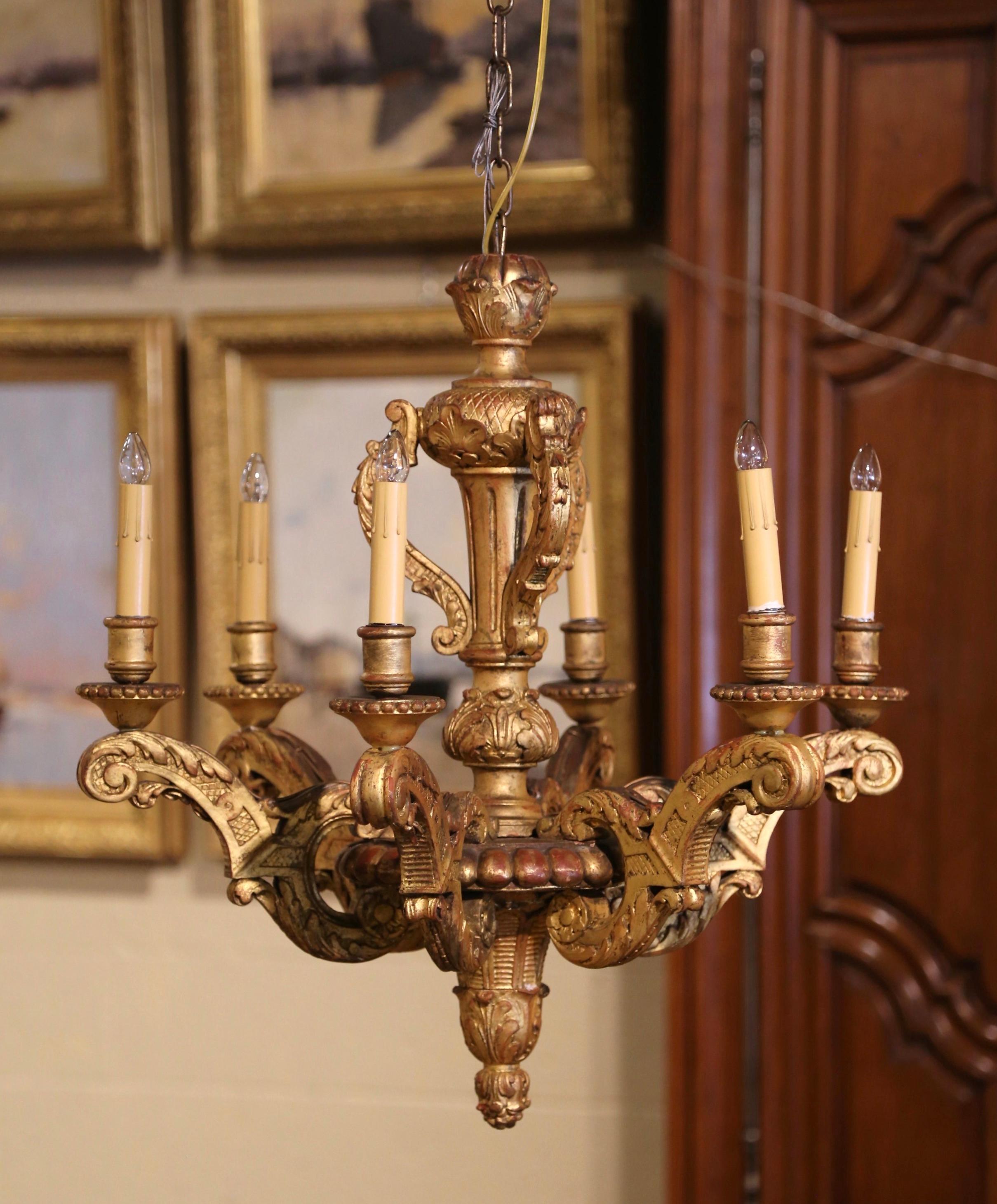 19th Century French Napoleon III Carved Giltwood Six-Light Chandelier 1