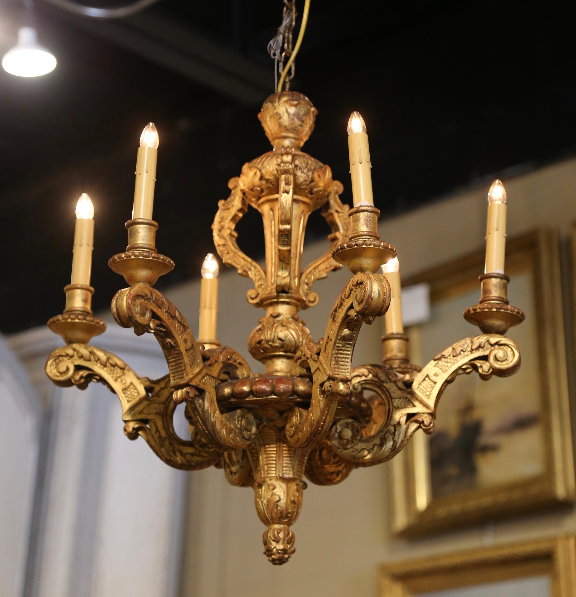 19th Century French Napoleon III Carved Giltwood Six-Light Chandelier 5