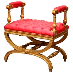 19th Century French Napoleon III Carved Giltwood Stool with Red Silk Fabric