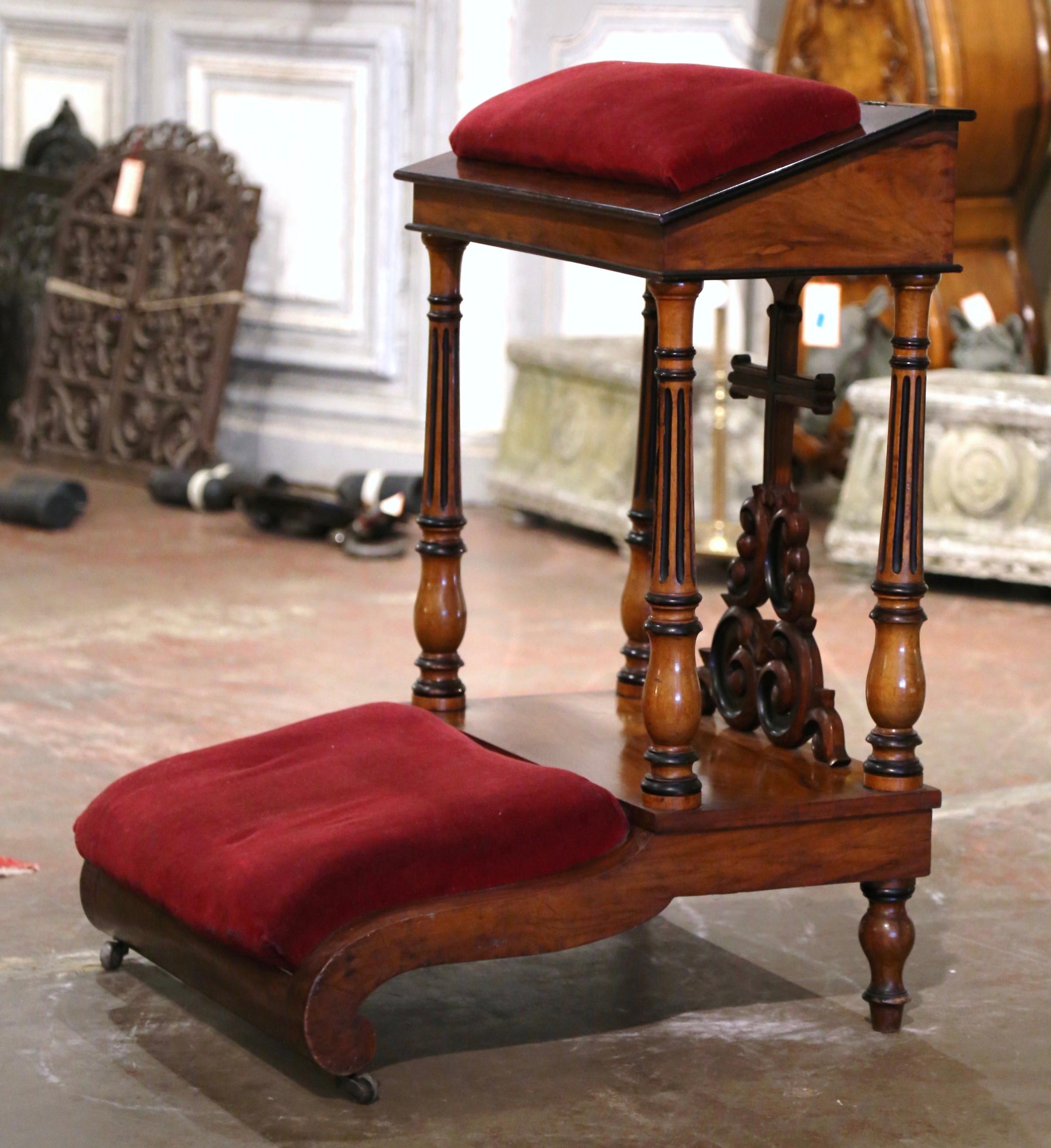 Patinated 19th Century French Napoleon III Carved Mahogany and Velvet Prayer Chair