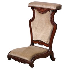19th Century French Napoleon III Carved Mahogany Prayer Bench with Green Velvet