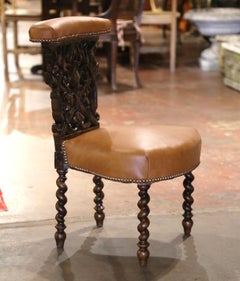 19th C. French Napoleon III Carved Oak Smoking Chair with Leather Upholstery
