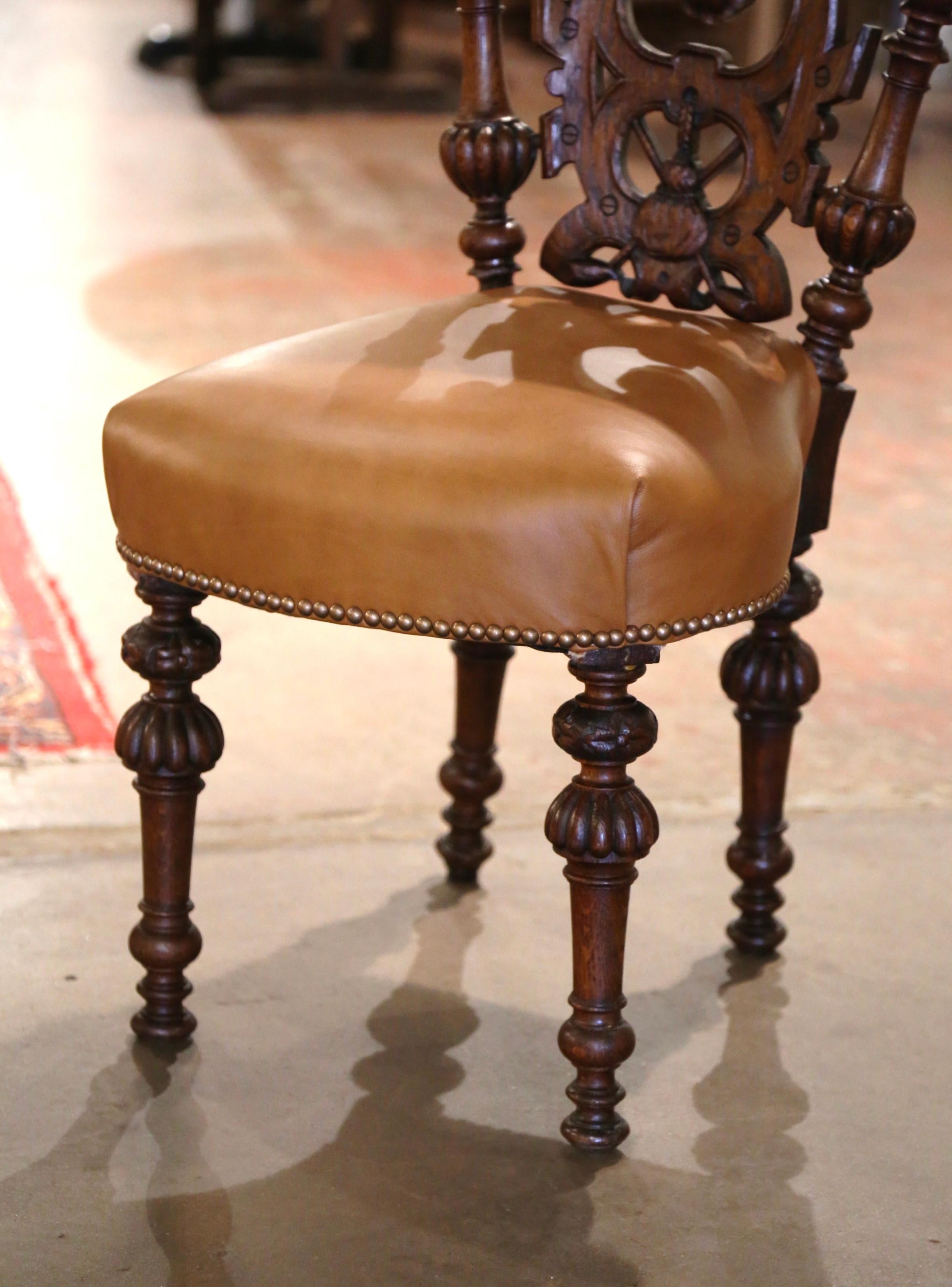 Patinated 19th Century French Napoleon III Carved Oak and Leather Smoking Chair  For Sale