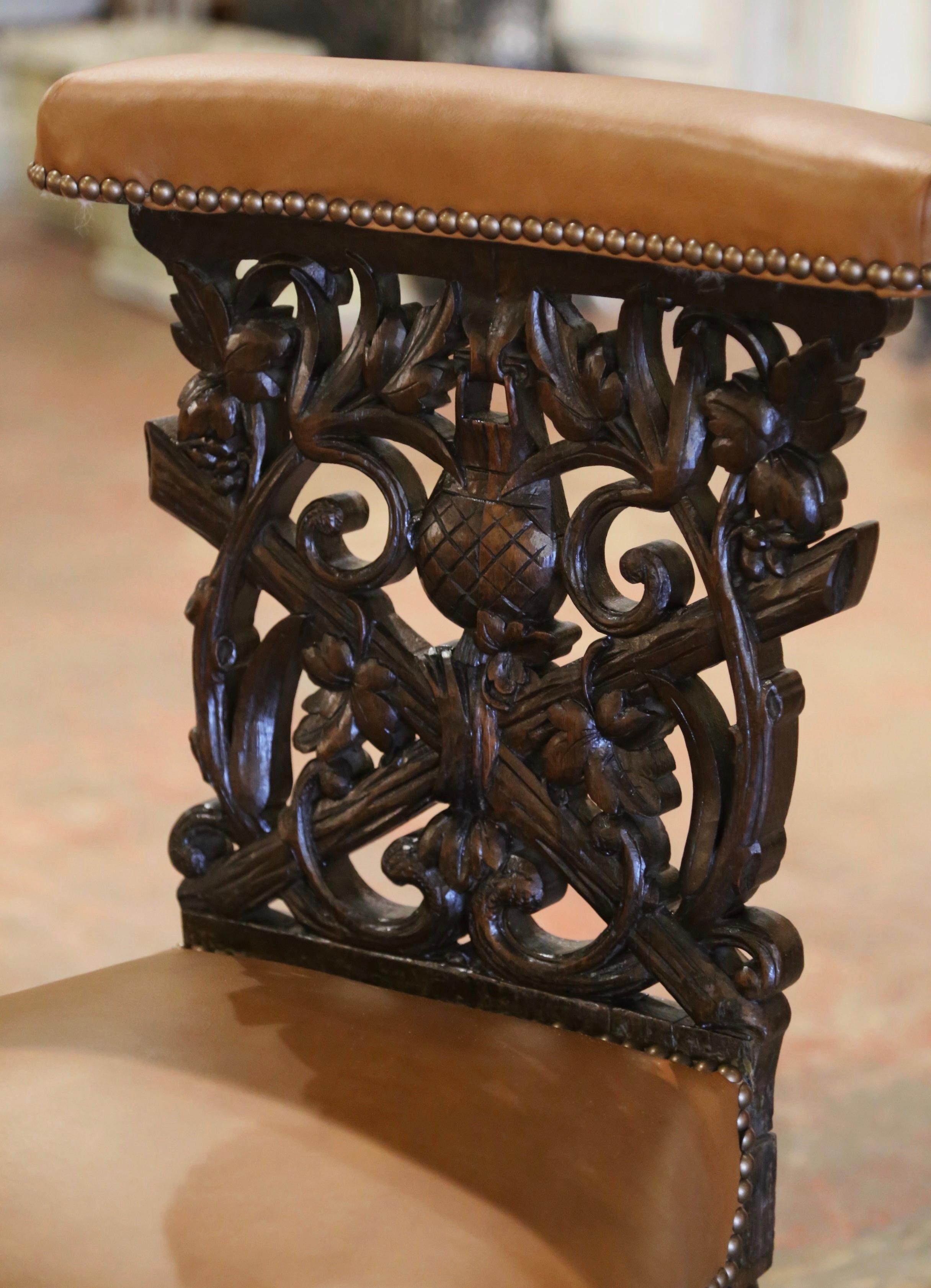 Hand-Carved 19th Century French Napoleon III Carved Oak and Leather Smoking Chair  For Sale