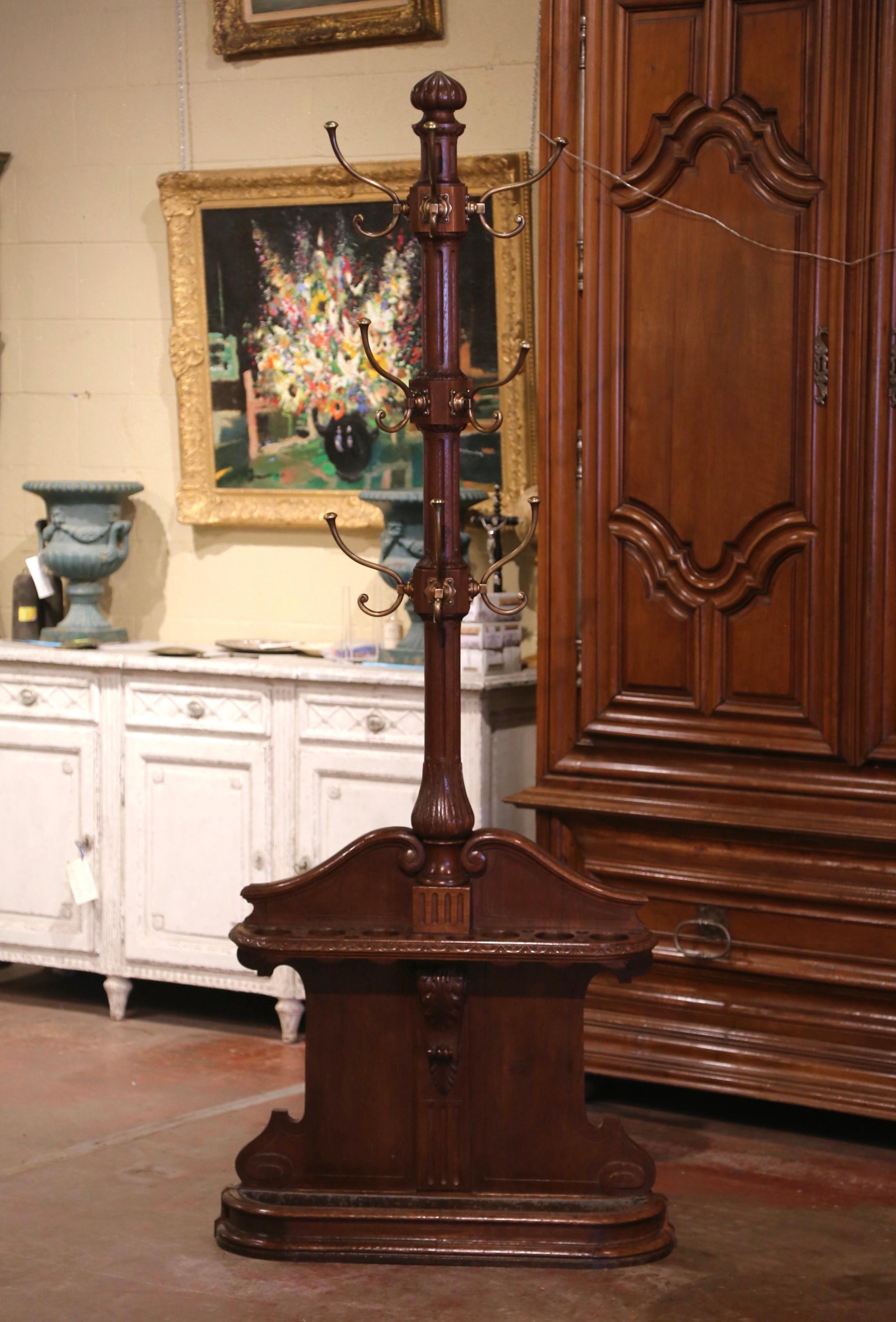 Hand-Carved 19th Century French Napoleon III Carved Oak Hall Tree with Cane & Umbrella Slots For Sale
