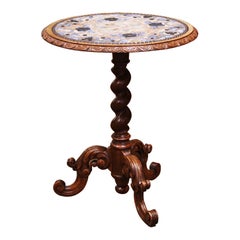 19th Century French Napoleon III Carved Oak Pedestal Table with Needlepoint Top