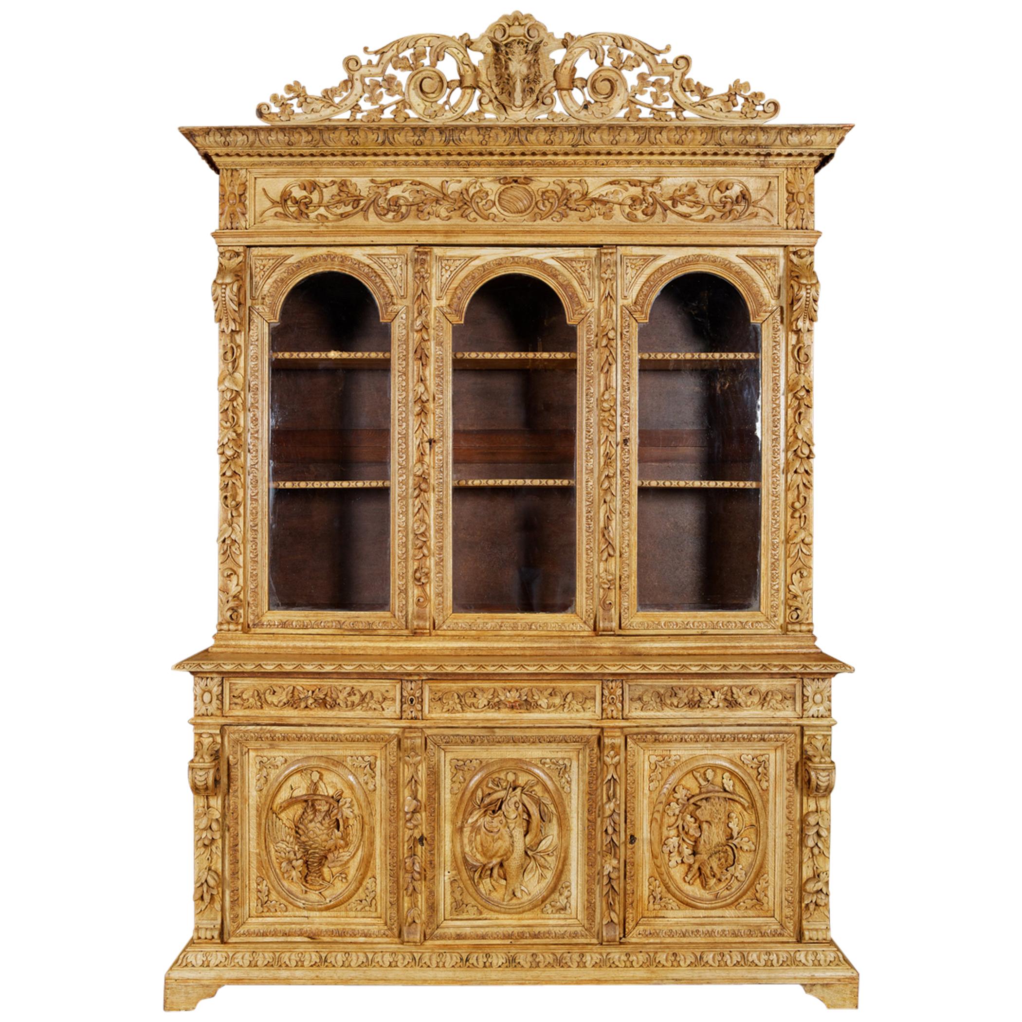 19th Century French Napoleon III Carved Oak Three-Door Hunt Bookcase Cabinet For Sale