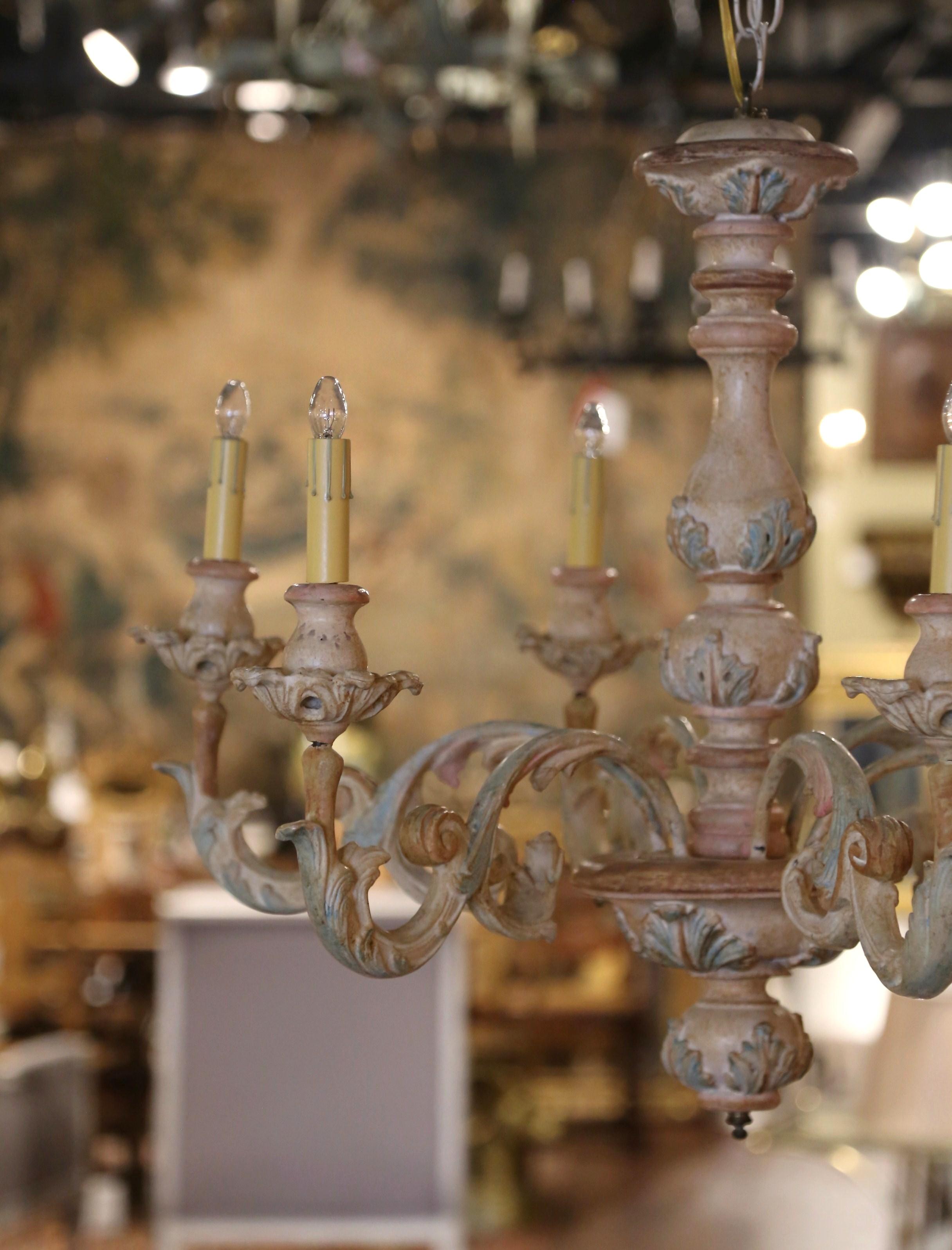 Stile provenzale Lampadario a 5 luci intagliato, policromo e dipinto di Napoleone III del XIX secolo in vendita