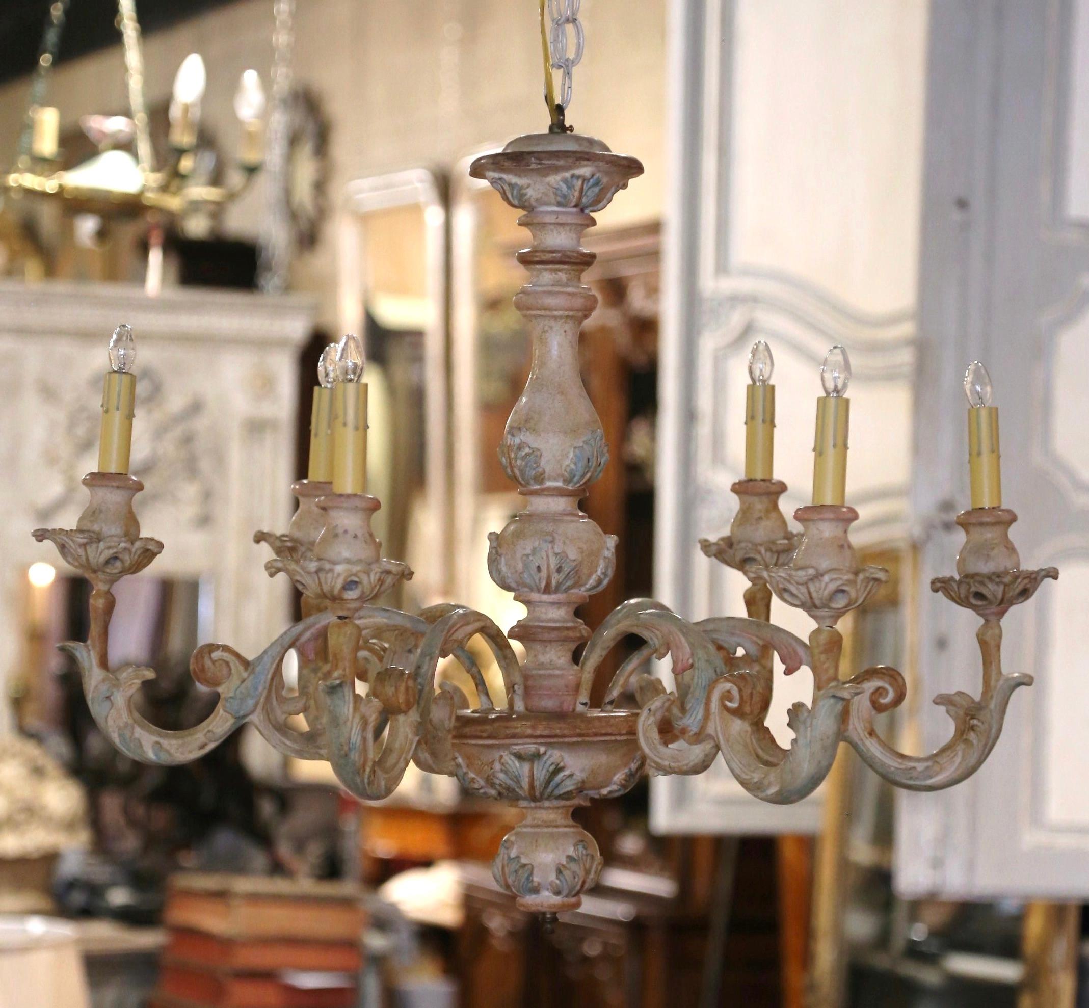 Francese Lampadario a 5 luci intagliato, policromo e dipinto di Napoleone III del XIX secolo in vendita