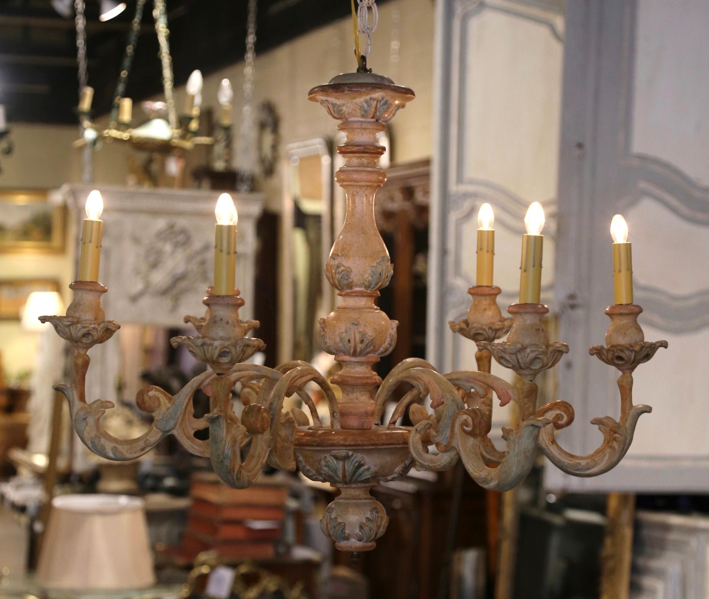 Intagliato a mano Lampadario a 5 luci intagliato, policromo e dipinto di Napoleone III del XIX secolo in vendita