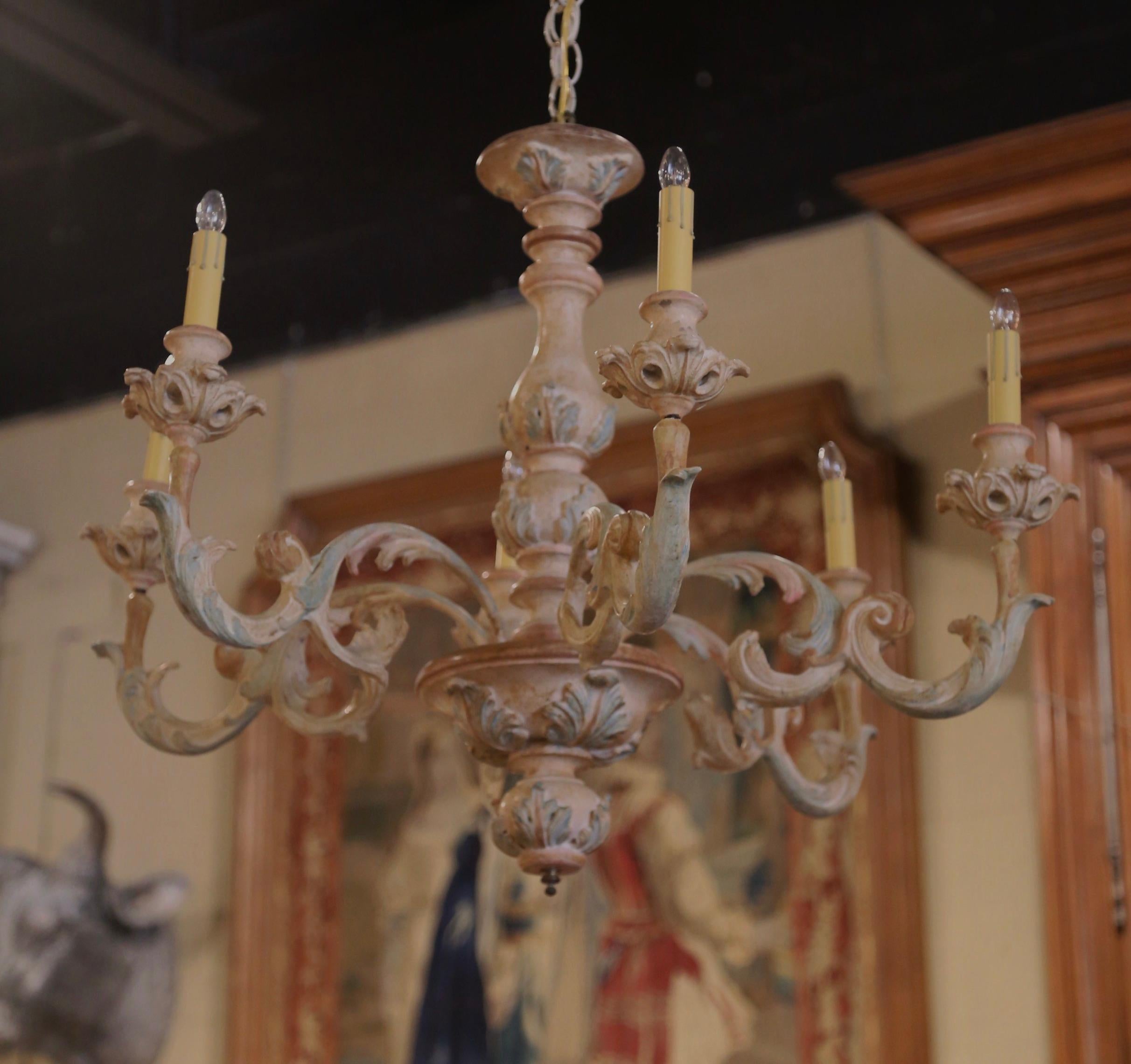 Quercia Lampadario a 5 luci intagliato, policromo e dipinto di Napoleone III del XIX secolo in vendita