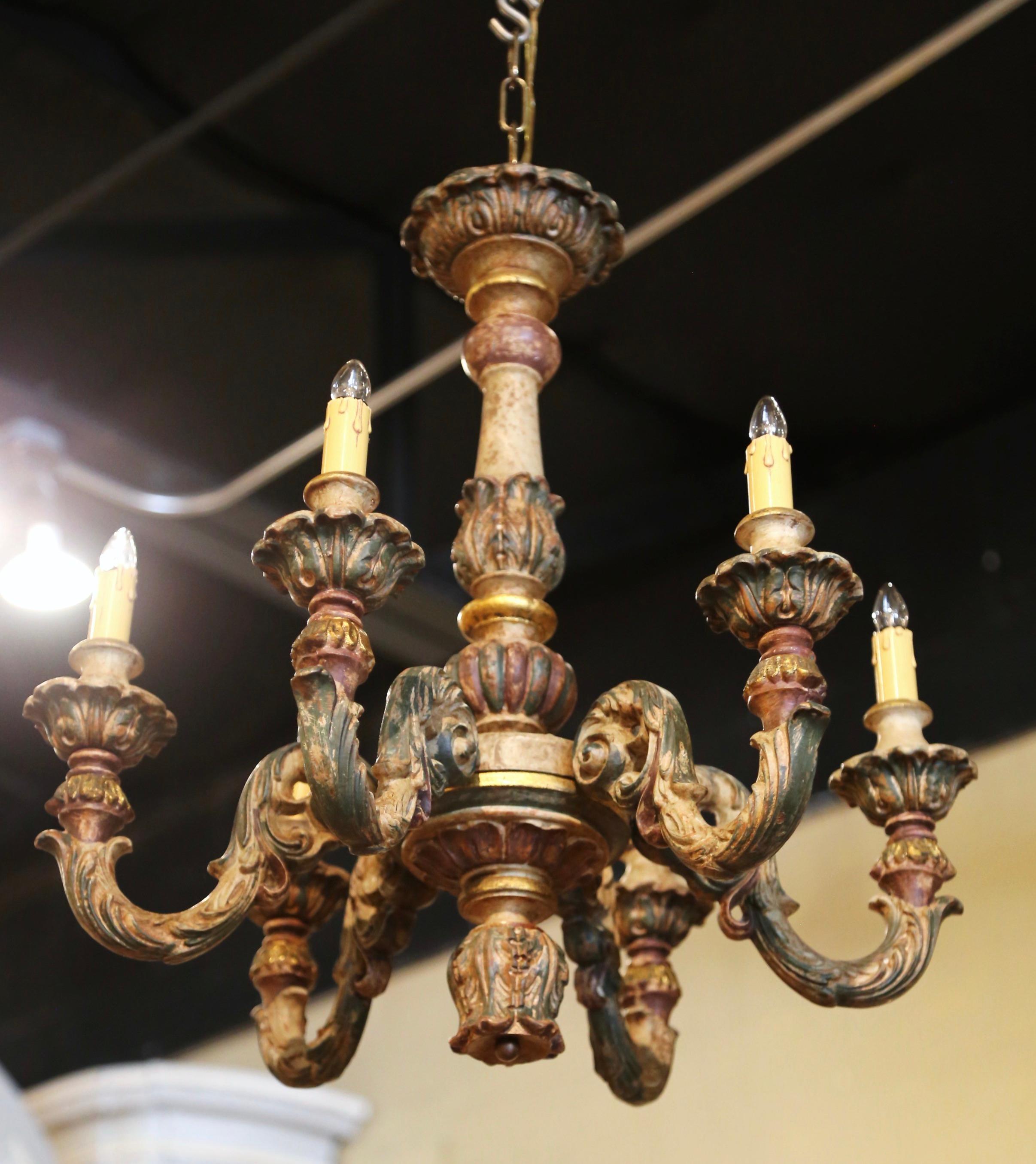 Polychromed 19th Century French Napoleon III Carved Polychrome Painted Six-Light Chandelier For Sale