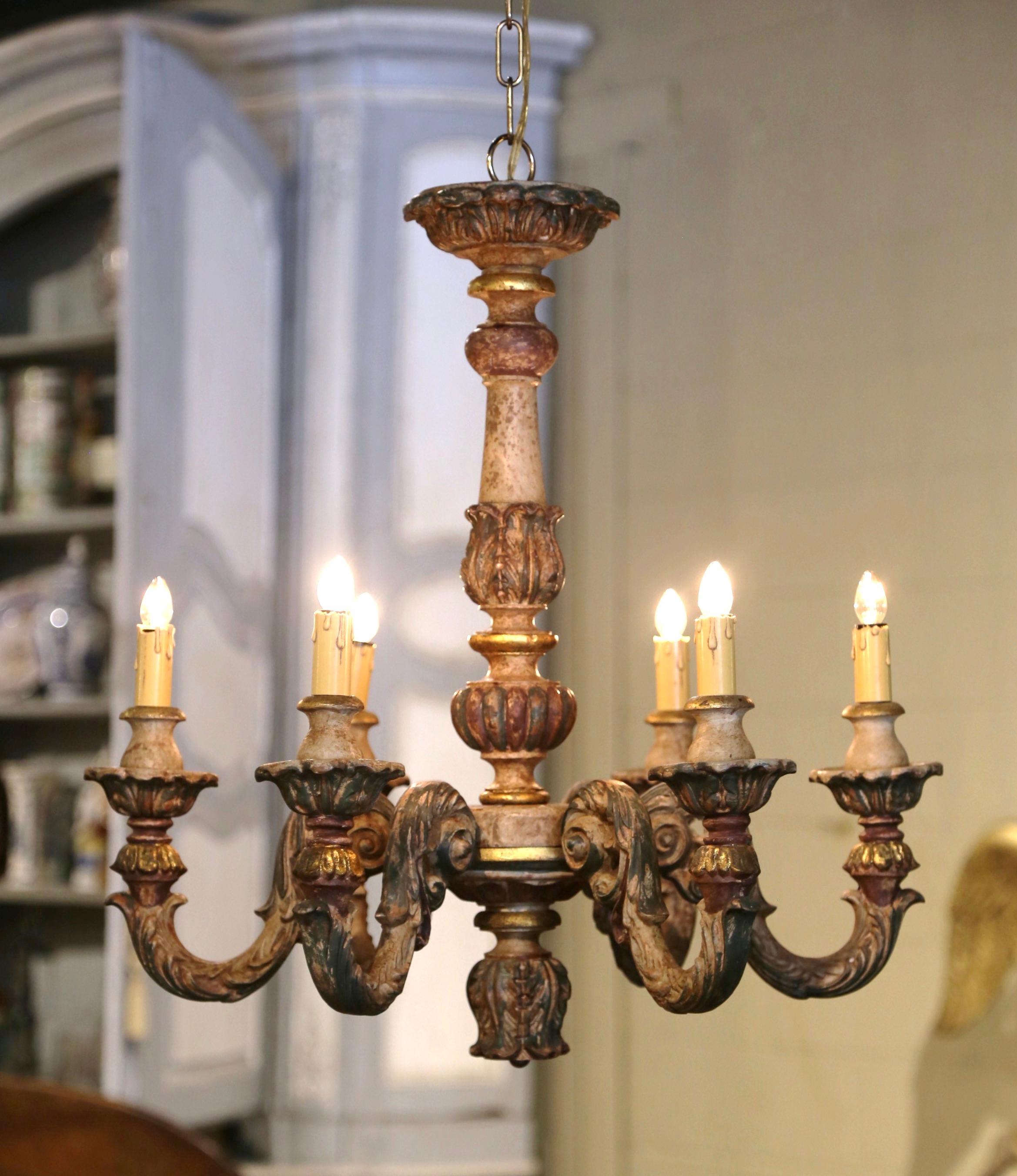 19th Century French Napoleon III Carved Polychrome Painted Six-Light Chandelier In Excellent Condition In Dallas, TX