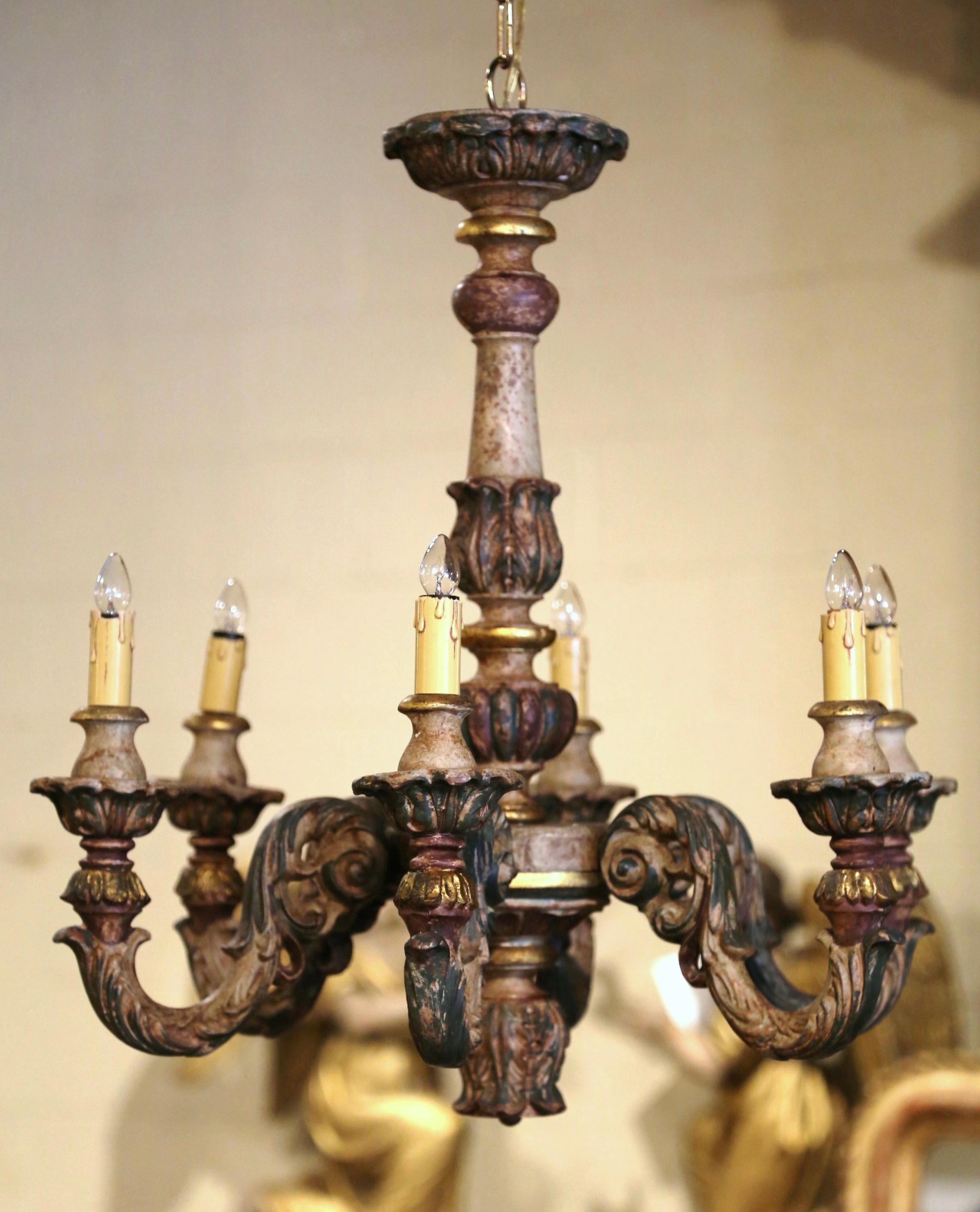 Oak 19th Century French Napoleon III Carved Polychrome Painted Six-Light Chandelier For Sale