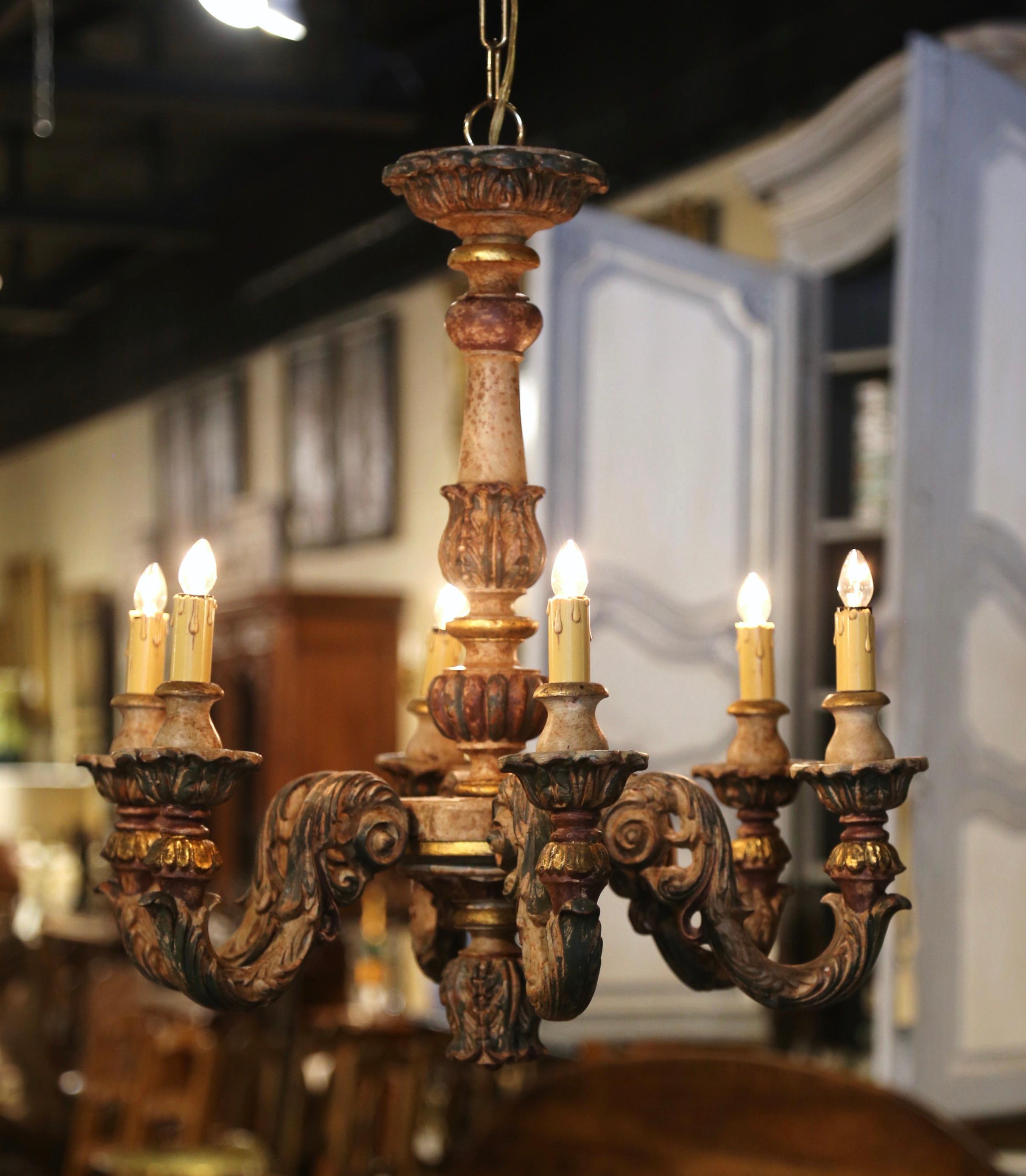 19th Century French Napoleon III Carved Polychrome Painted Six-Light Chandelier For Sale 2