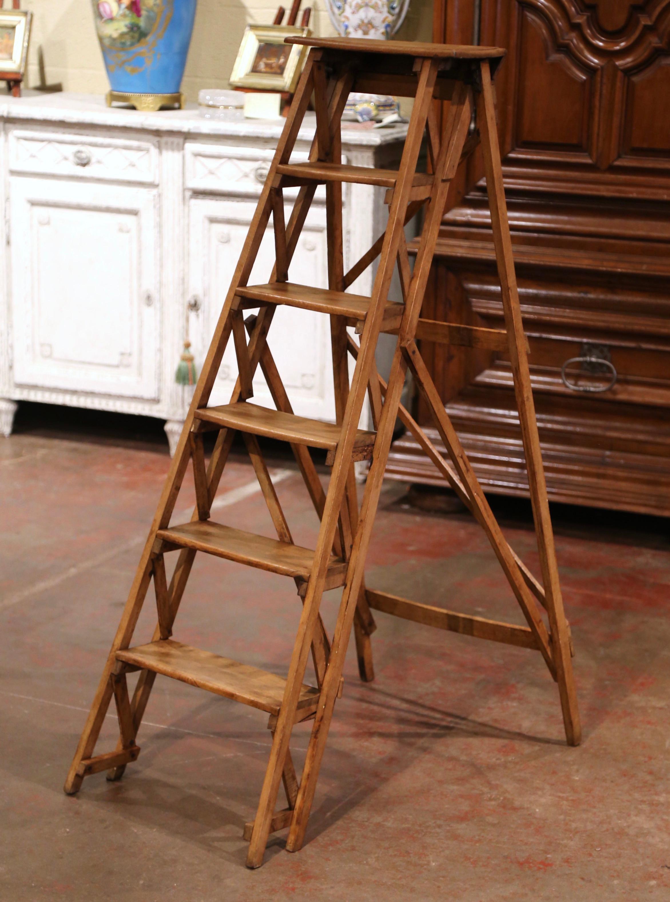 Patinated 19th Century French Napoleon III Carved Walnut Folding Library Six-Step Ladder