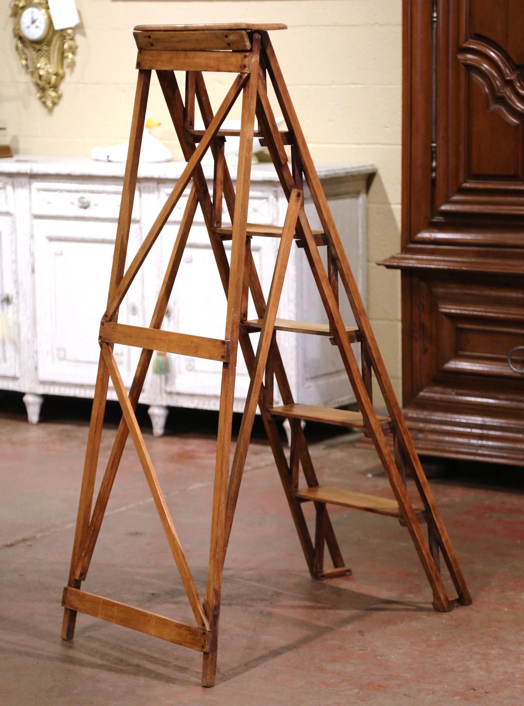 19th Century French Napoleon III Carved Walnut Folding Library Six-Step Ladder 3