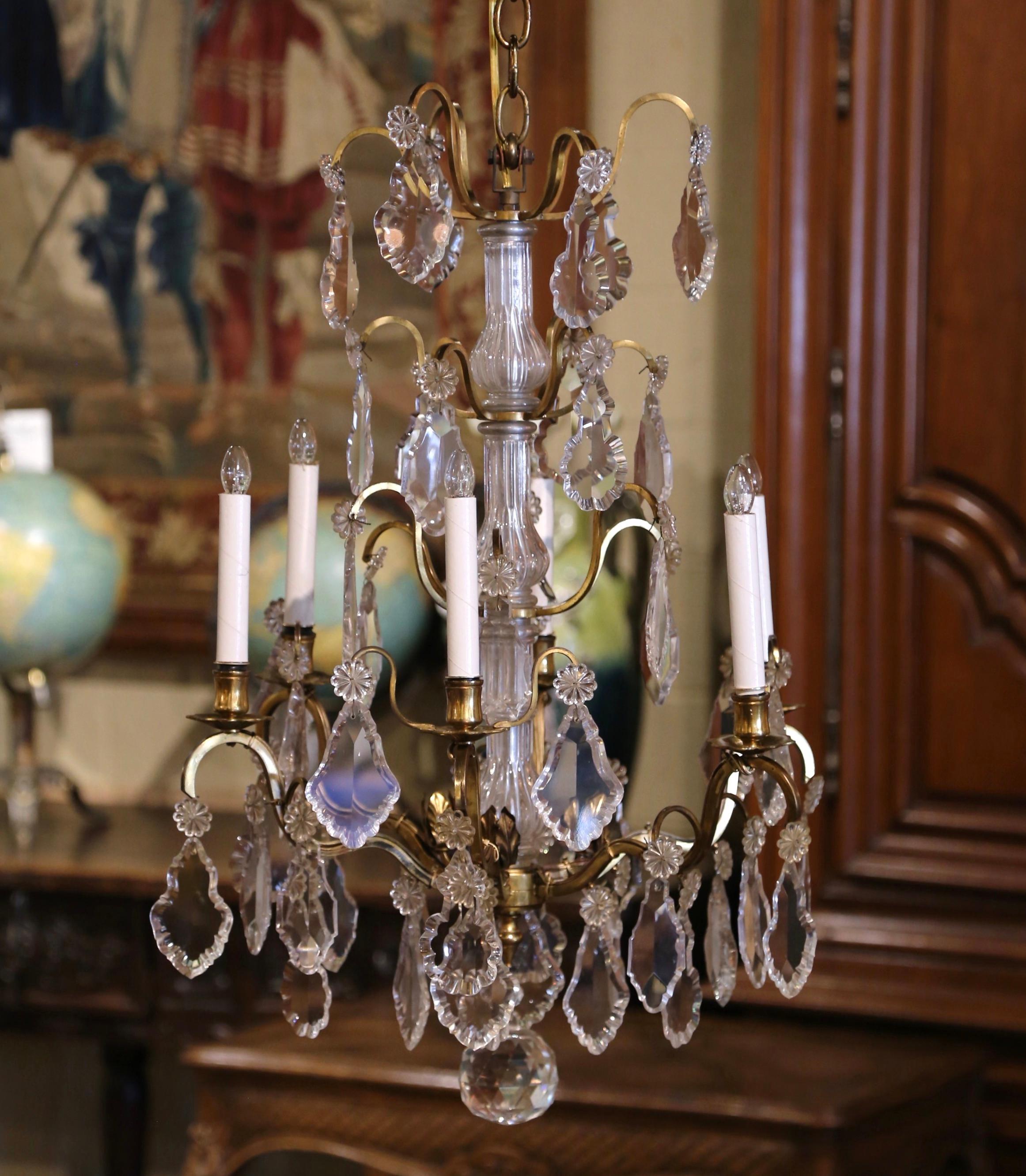 19th Century French Napoleon III Cut Crystal and Bronze Six-Light Chandelier For Sale 1