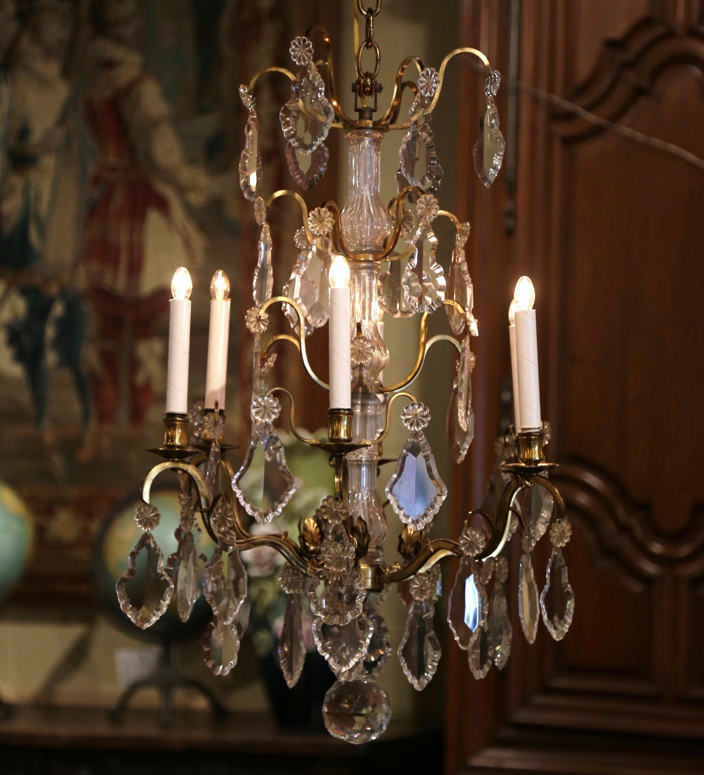 19th Century French Napoleon III Cut Crystal and Bronze Six-Light Chandelier For Sale 3