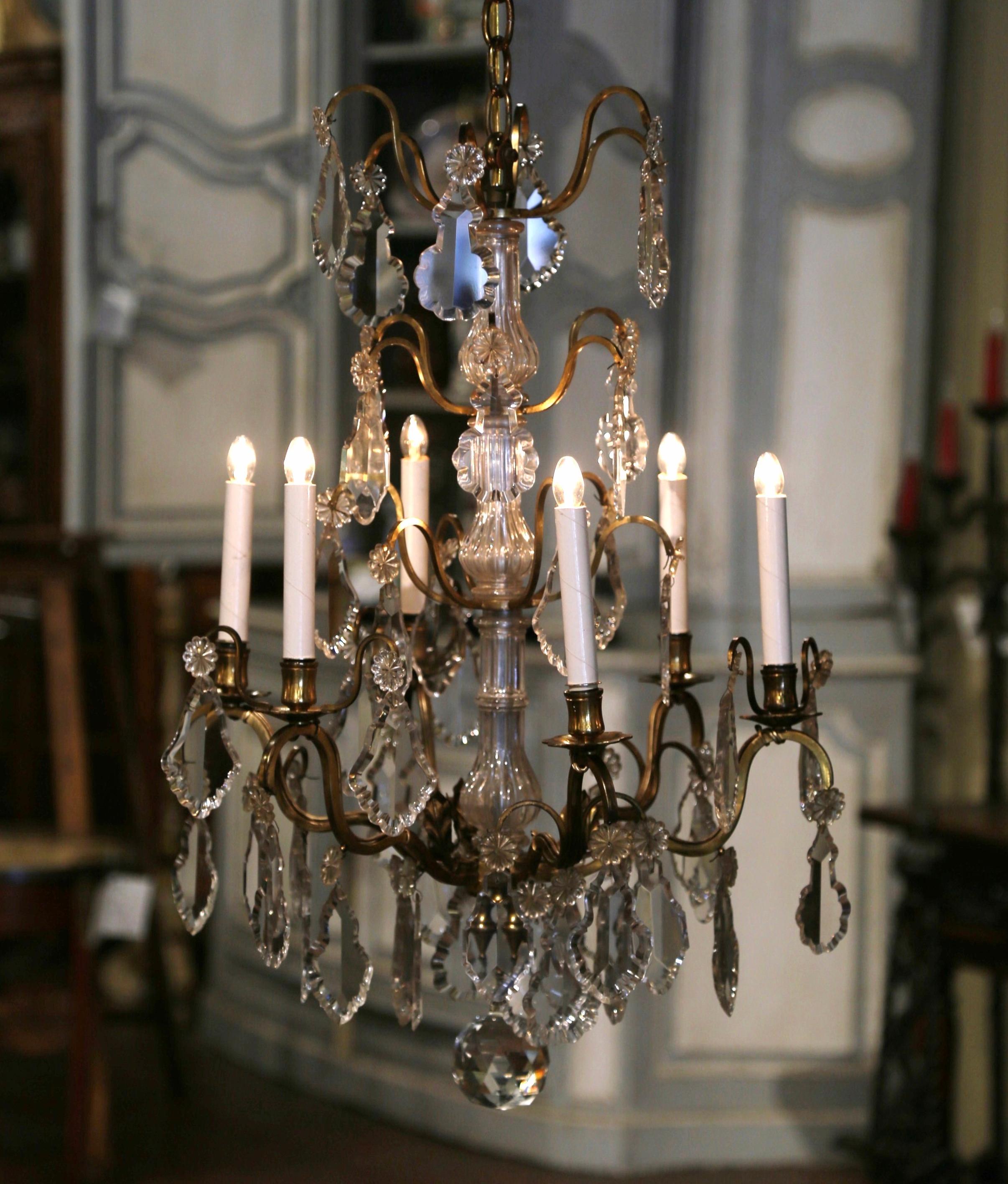 19th Century French Napoleon III Cut Crystal and Bronze Six-Light Chandelier For Sale 4