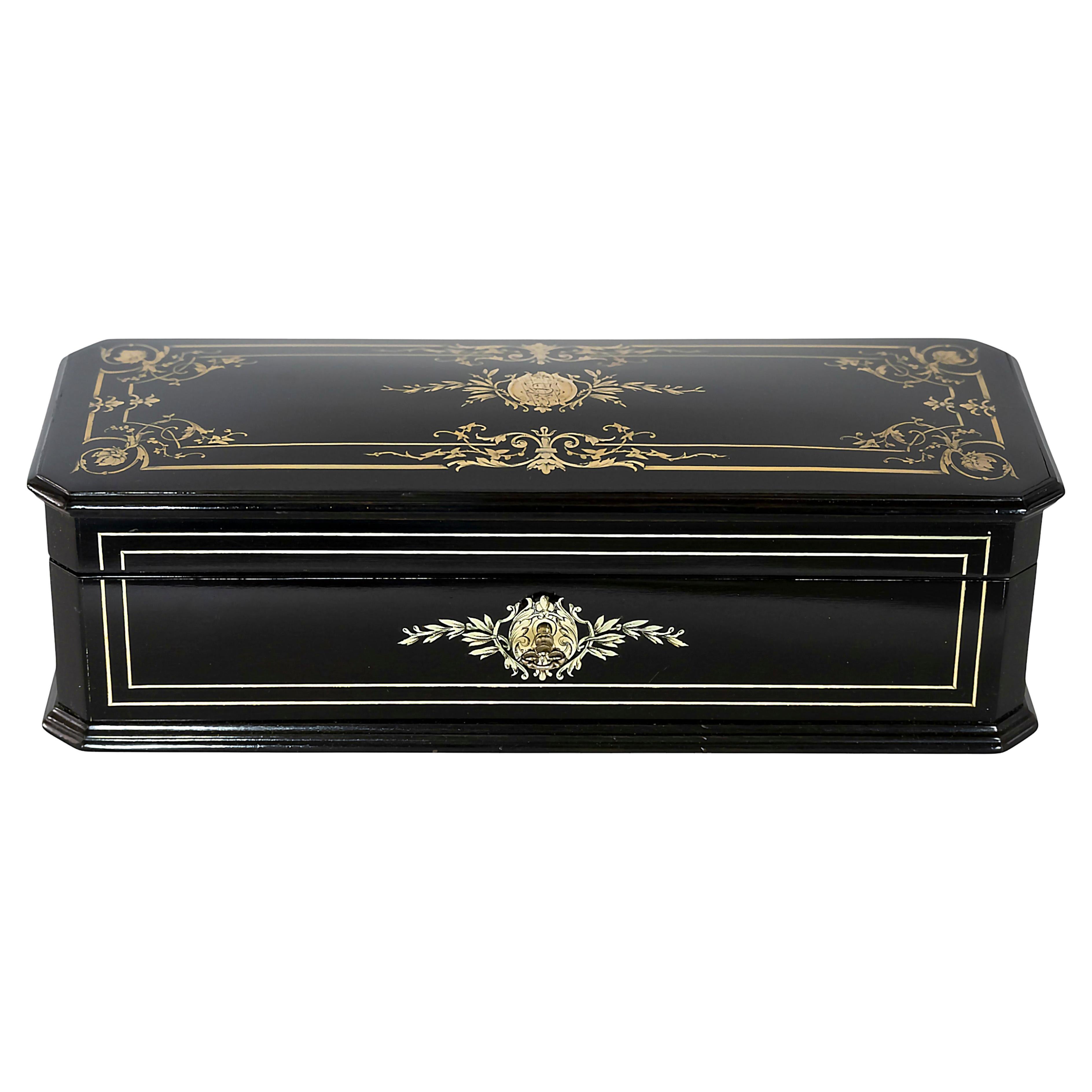 Antique French Napoleon III box with inlaid bone decor, polished black color surface, natural silk textile inside. Includes key.
After the renovation - very good condition.


