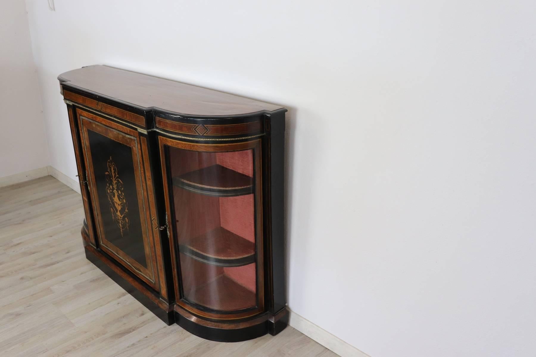 19th Century French Napoleon III Ebonized Inlay Wood Cabinet with Vetrine 1