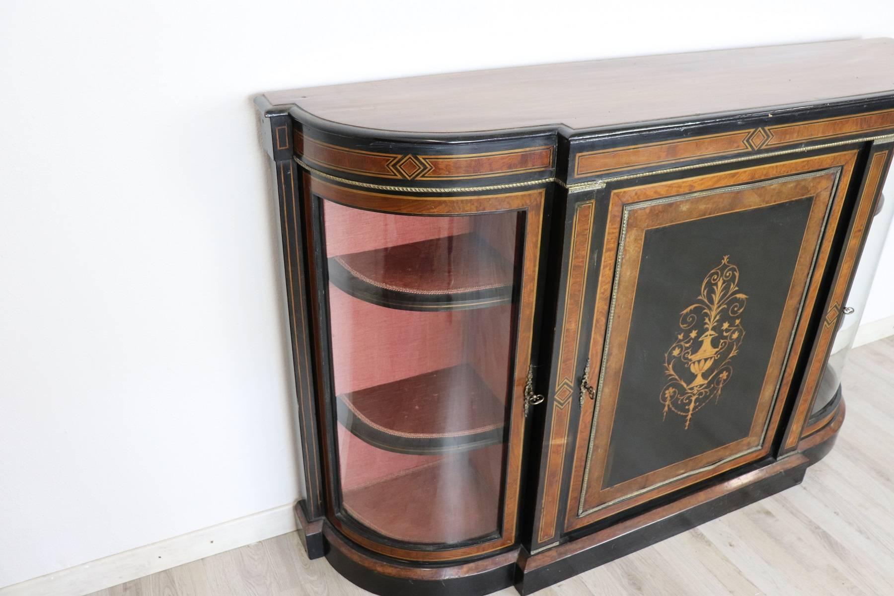 19th Century French Napoleon III Ebonized Inlay Wood Cabinet with Vetrine 2