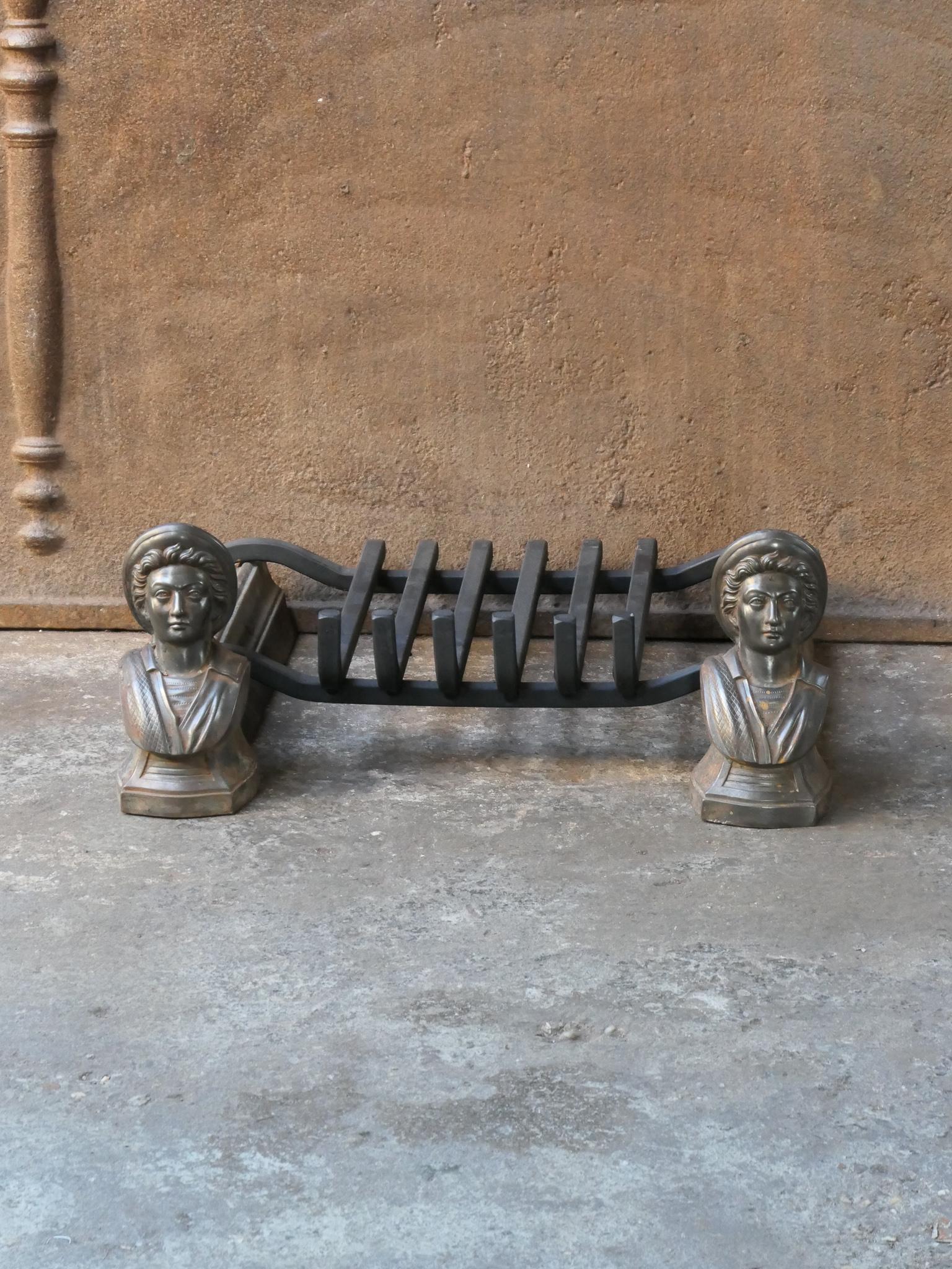 19th Century French Napoleon III period fireplace basket with period andirons and new grate. The fire basket is made of cast iron and wrought iron. The basket is in a good condition and is fully functional.