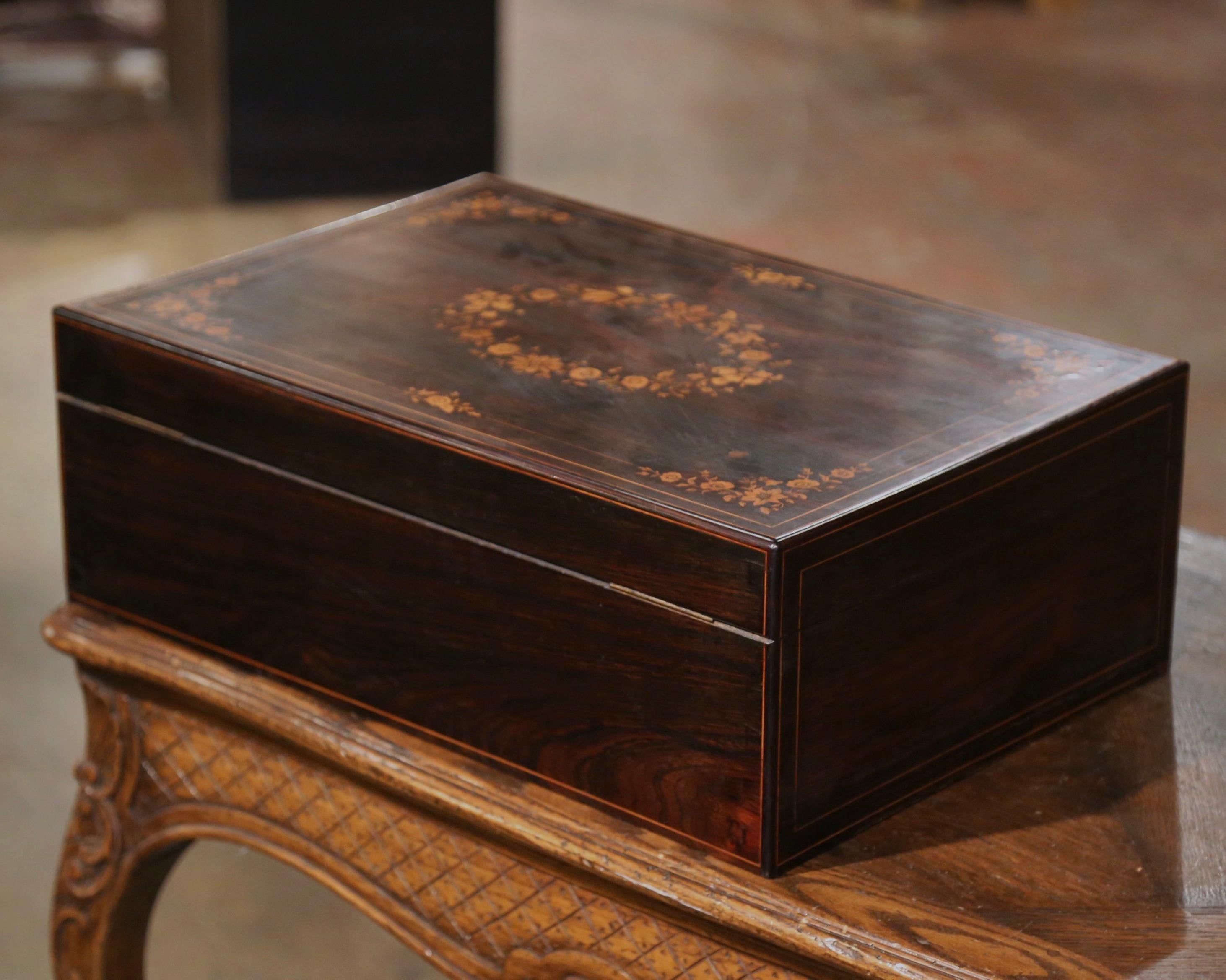 19th Century French Napoleon III Floral Inlaid Rosewood Decorative Jewelry Box For Sale 8